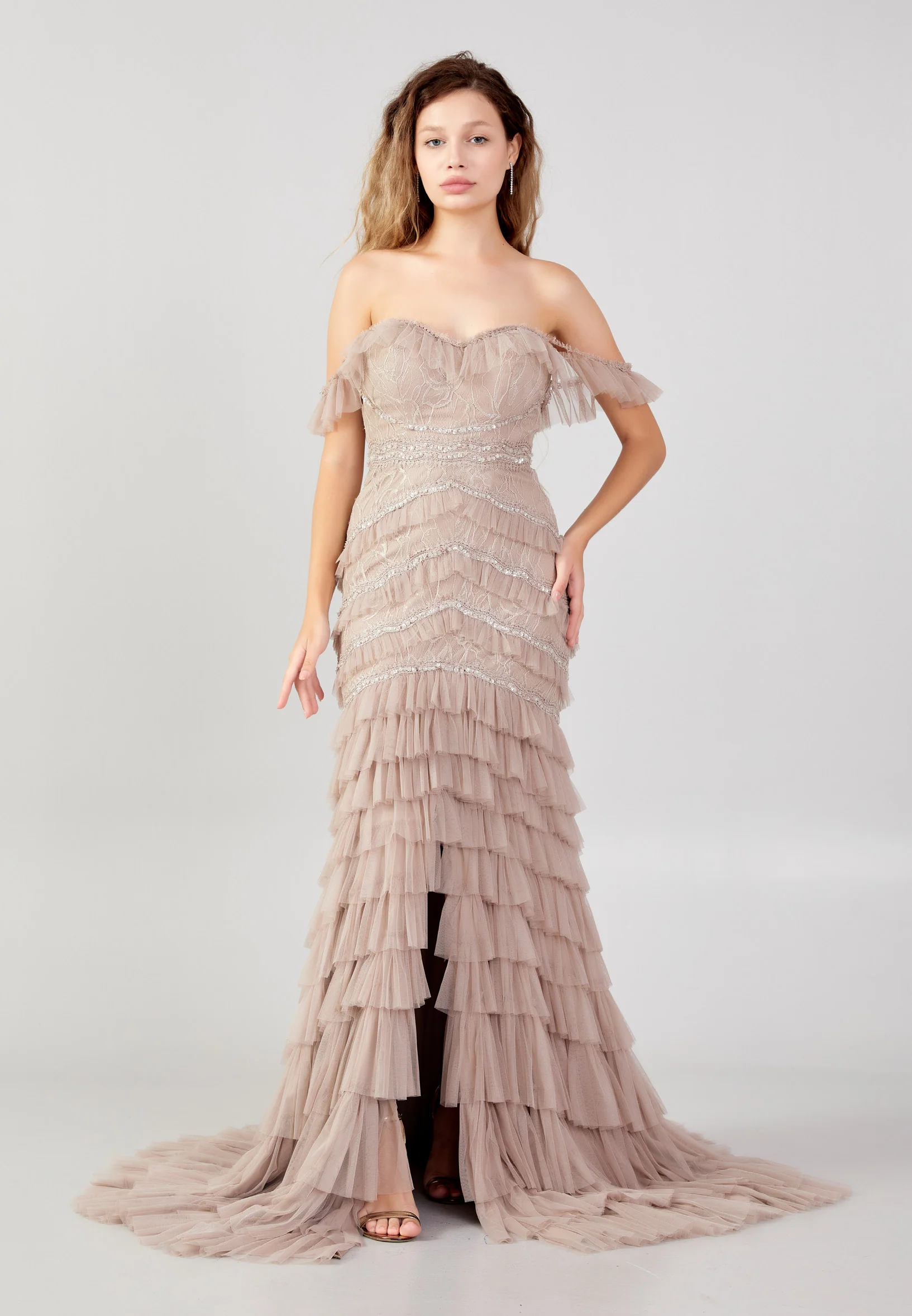 Off Shoulder Maxi Tulle Column Regular Wedding Guest Dress omn2192 - Image 9