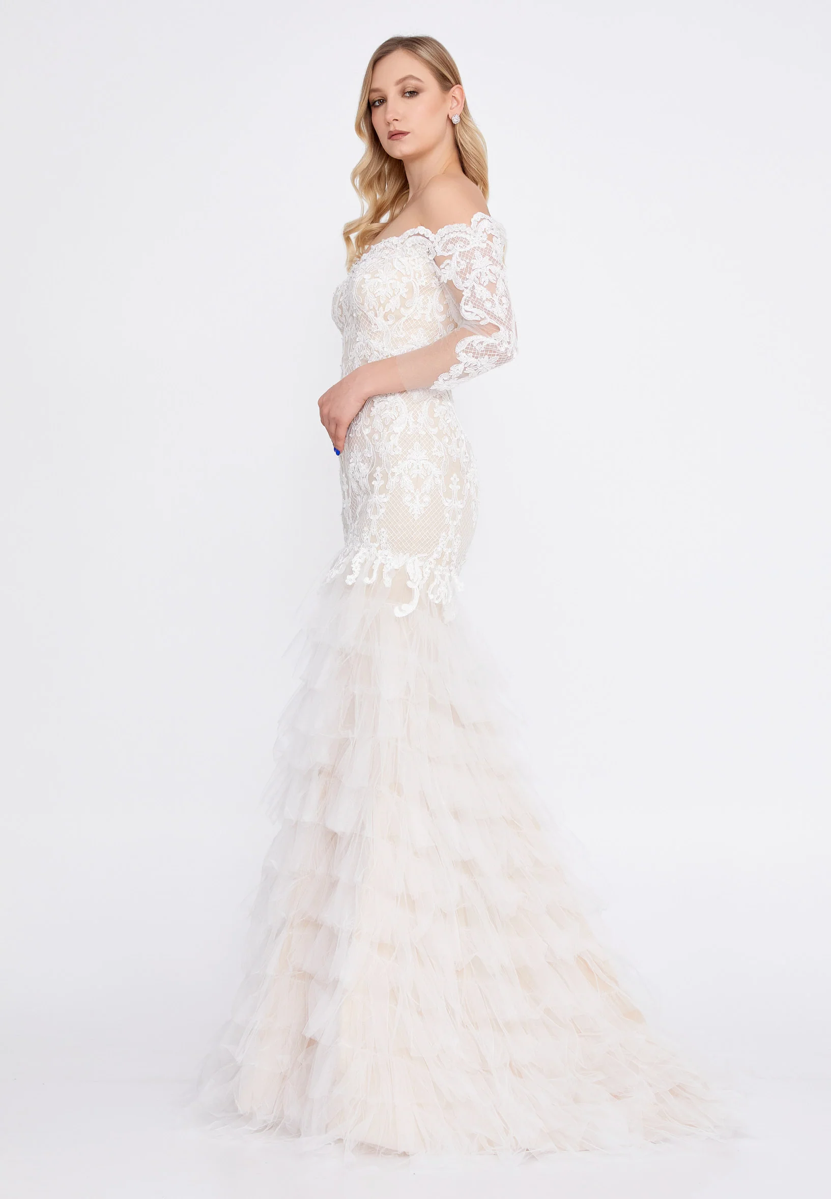Off Shoulder Maxi Tulle Fit & Flare Regular Prom Dress omn2249 - Image 11