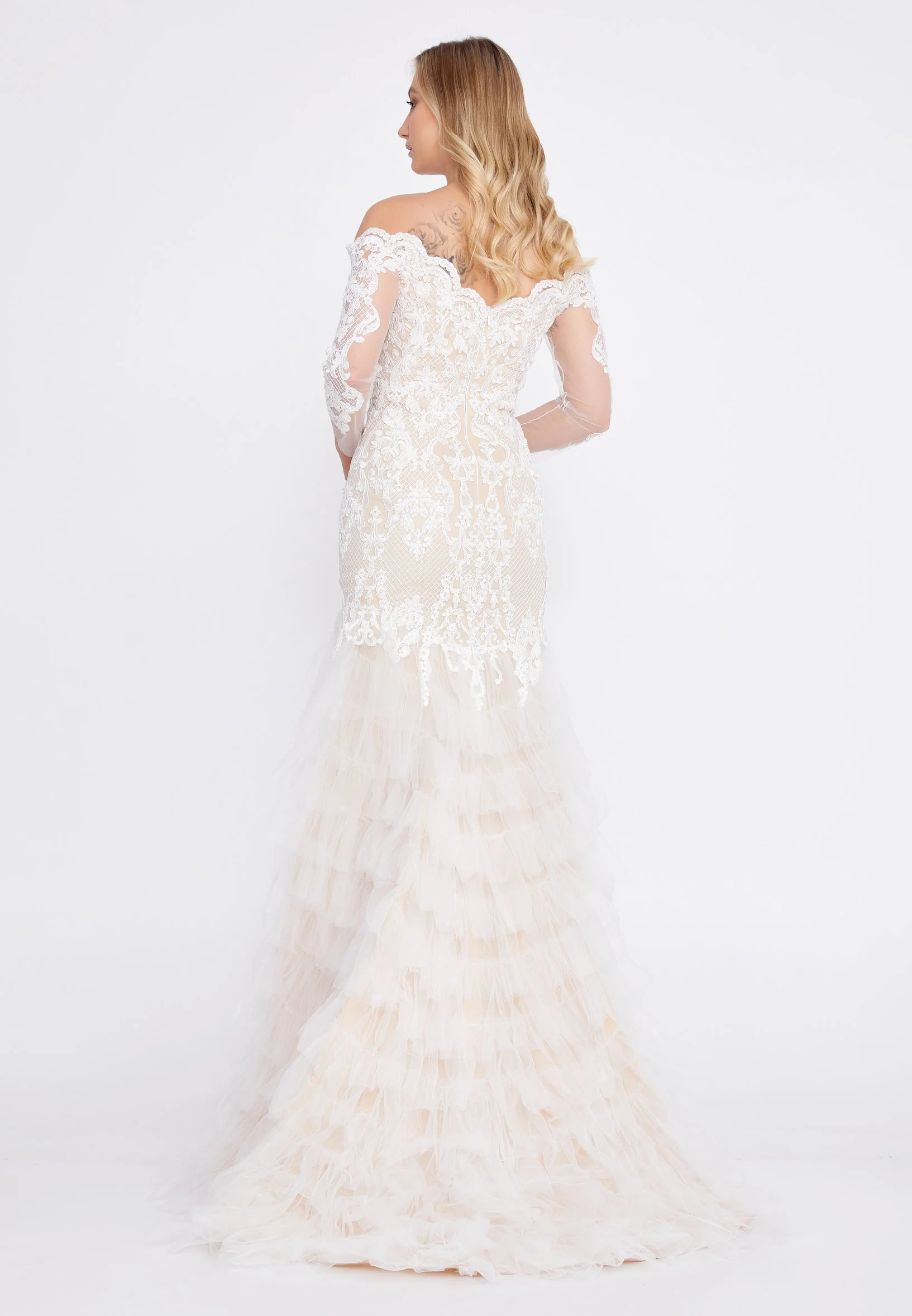 Off Shoulder Maxi Tulle Fit & Flare Regular Prom Dress omn2249 - Image 14