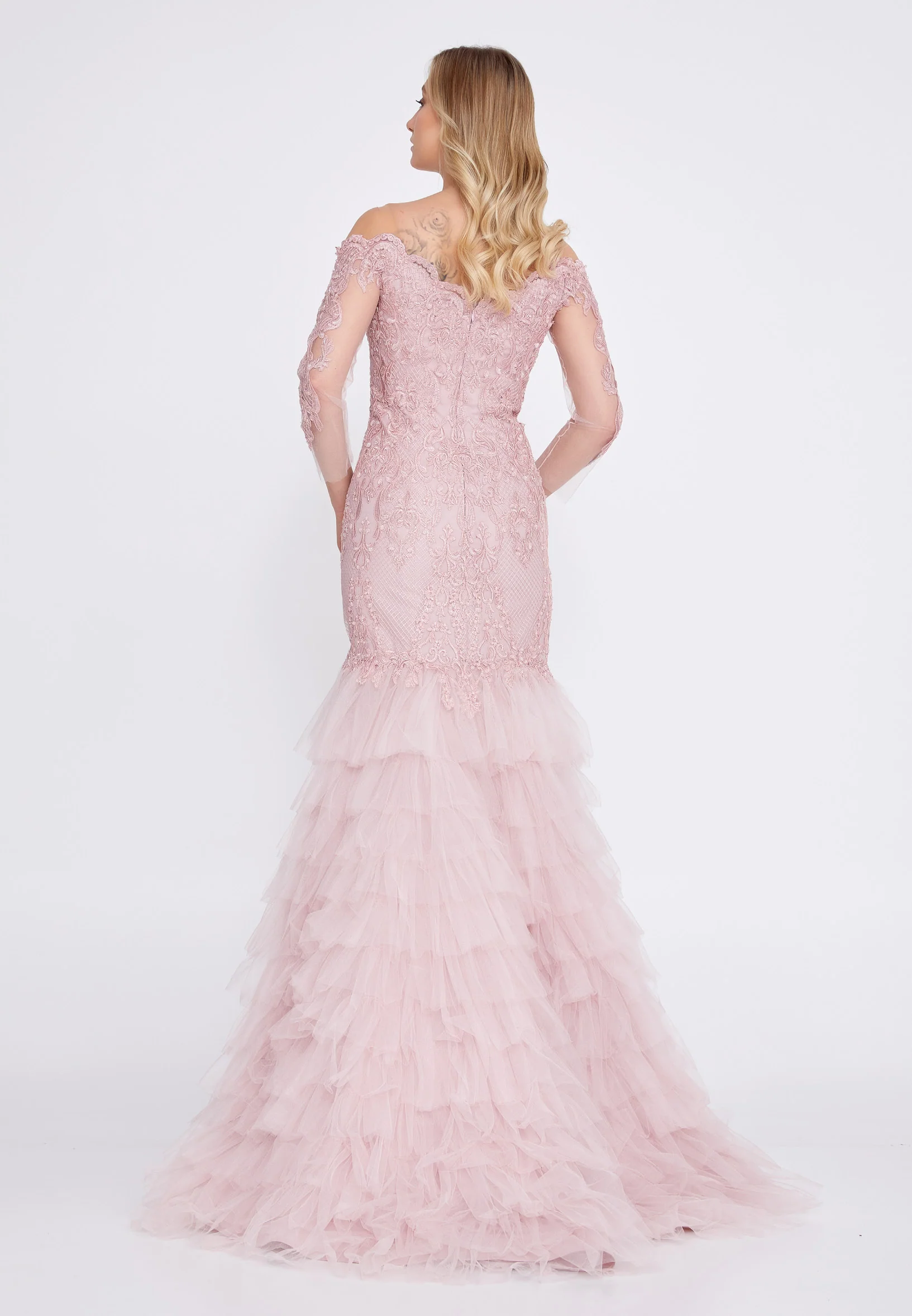 Off Shoulder Maxi Tulle Fit & Flare Regular Prom Dress omn2249 - Image 22
