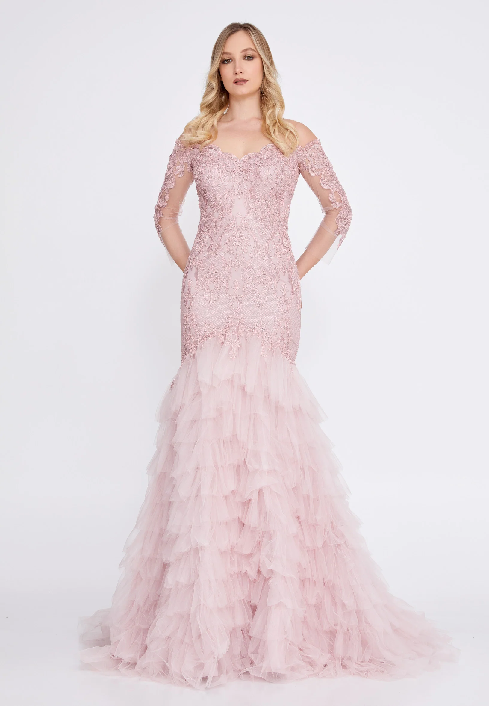 Off Shoulder Maxi Tulle Fit & Flare Regular Prom Dress omn2249 - Image 29