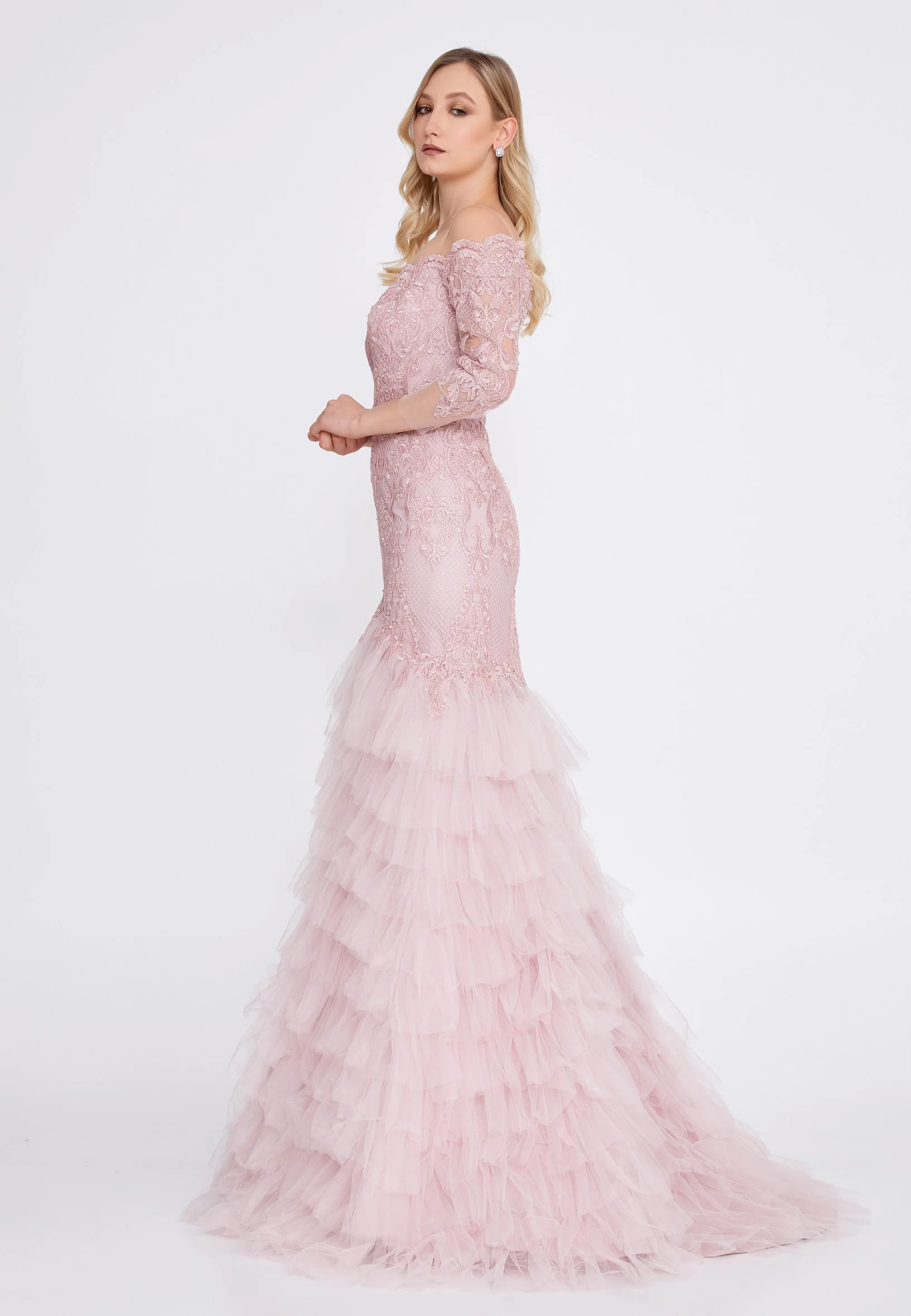 Off Shoulder Maxi Tulle Fit & Flare Regular Prom Dress omn2249 - Image 39