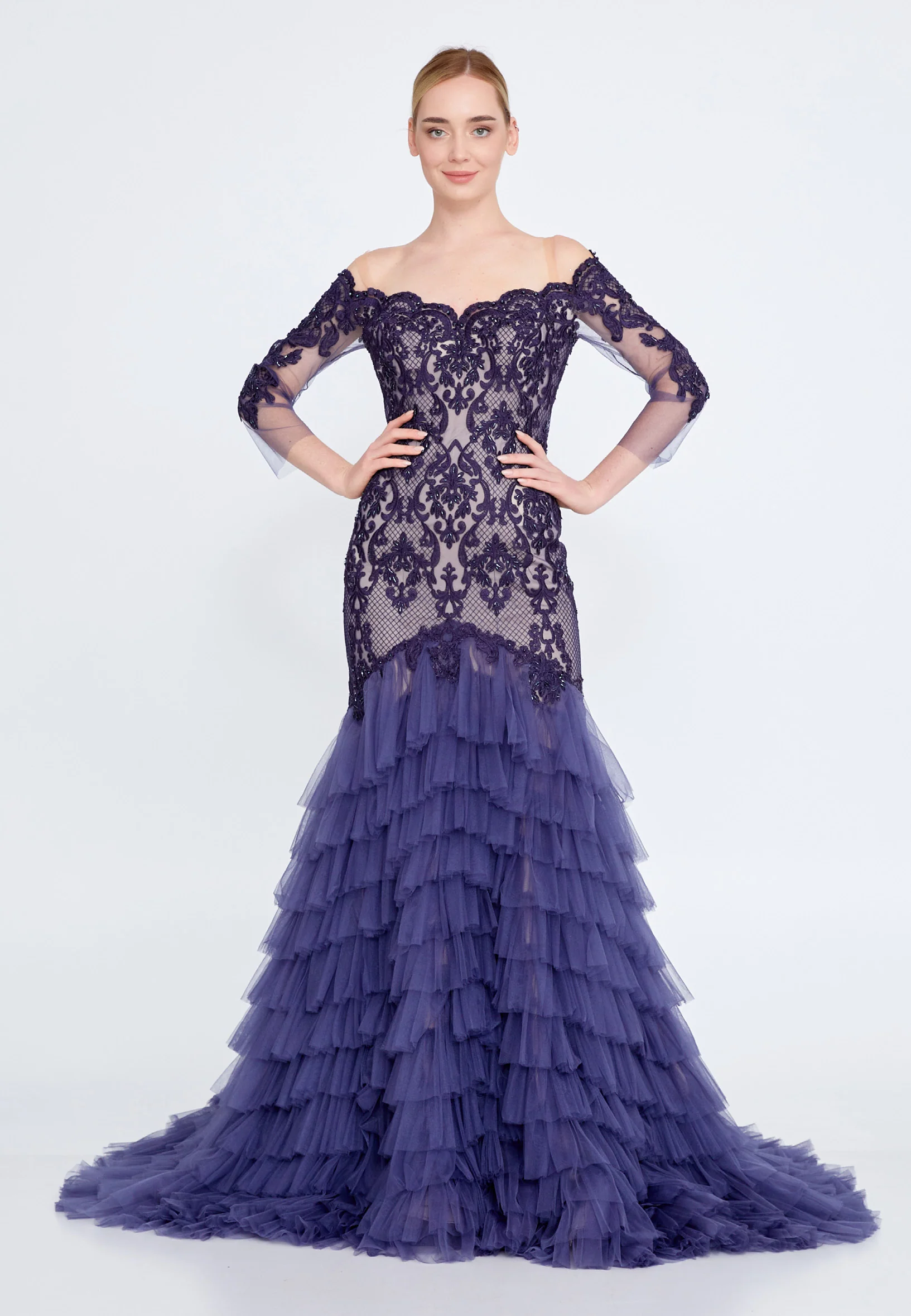Off Shoulder Maxi Tulle Fit & Flare Regular Prom Dress omn2249 - Image 45