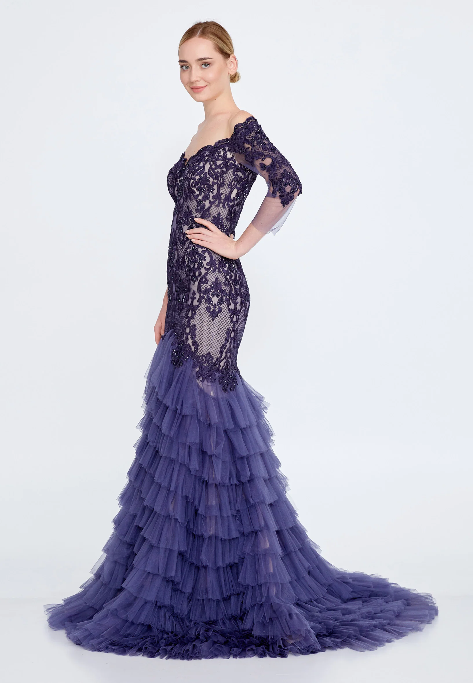 Off Shoulder Maxi Tulle Fit & Flare Regular Prom Dress omn2249 - Image 55