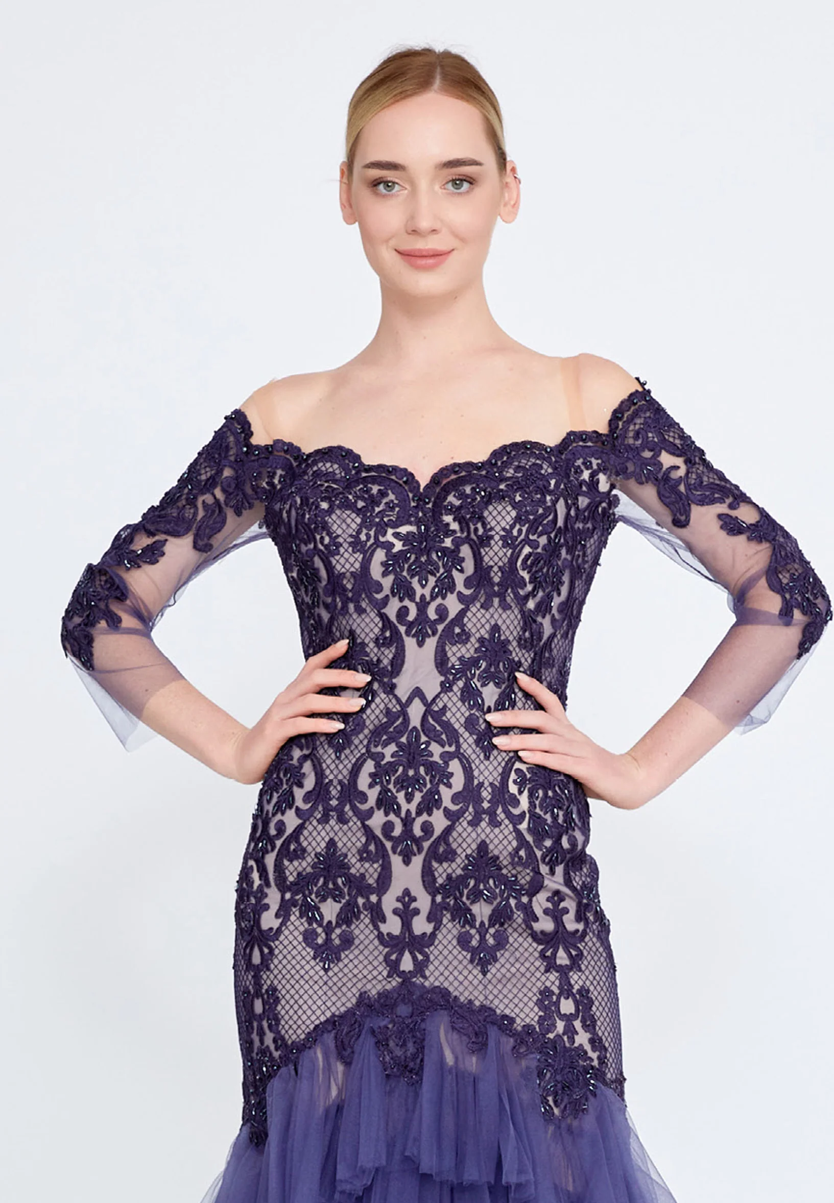 Off Shoulder Maxi Tulle Fit & Flare Regular Prom Dress omn2249 - Image 56