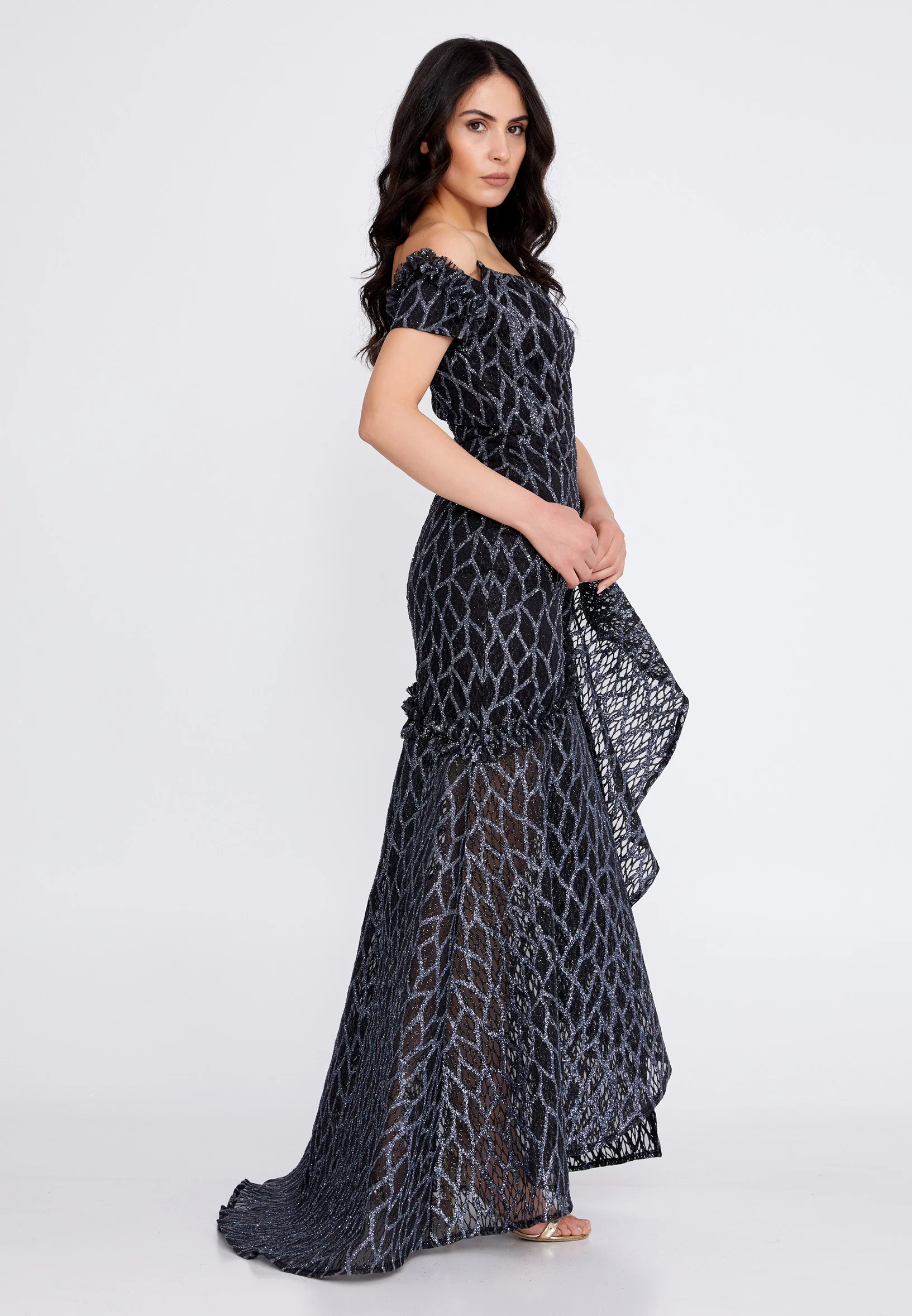 Off Shoulder Maxi Tulle Fit & Flare Regular Prom Dress rmn3157 - Image 3
