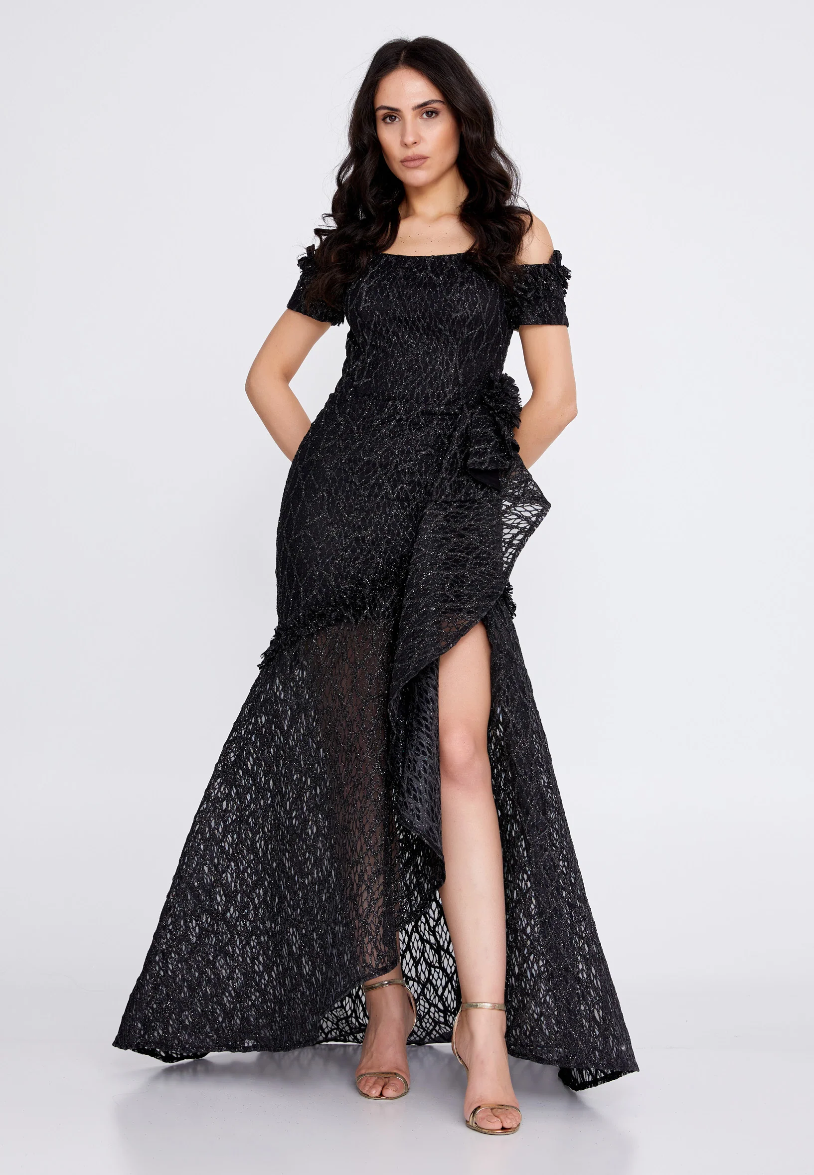 Off Shoulder Maxi Tulle Fit & Flare Regular Prom Dress rmn3157 - Image 5