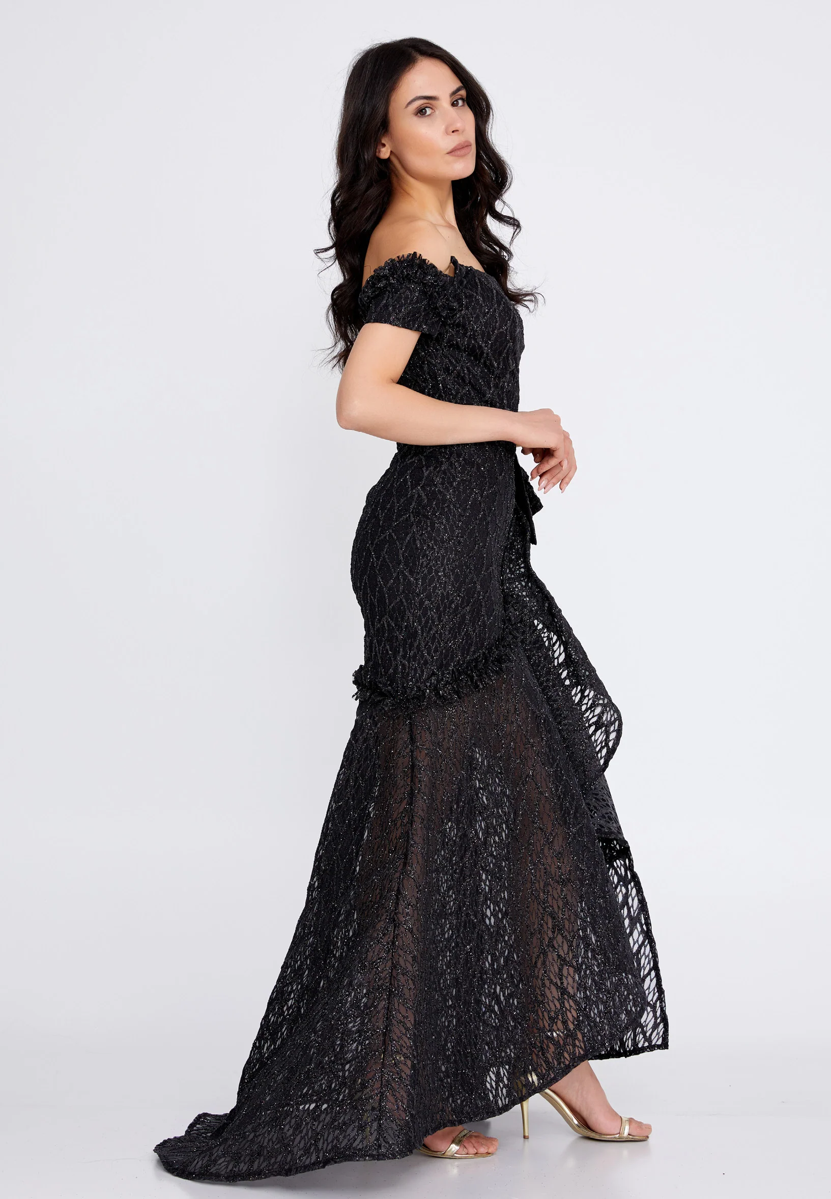 Off Shoulder Maxi Tulle Fit & Flare Regular Prom Dress rmn3157 - Image 7