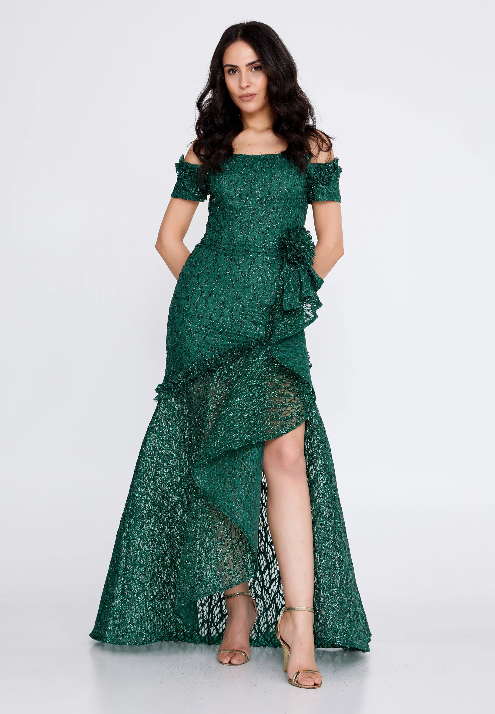 Off Shoulder Maxi Tulle Fit & Flare Regular Prom Dress rmn3157 - Image 9