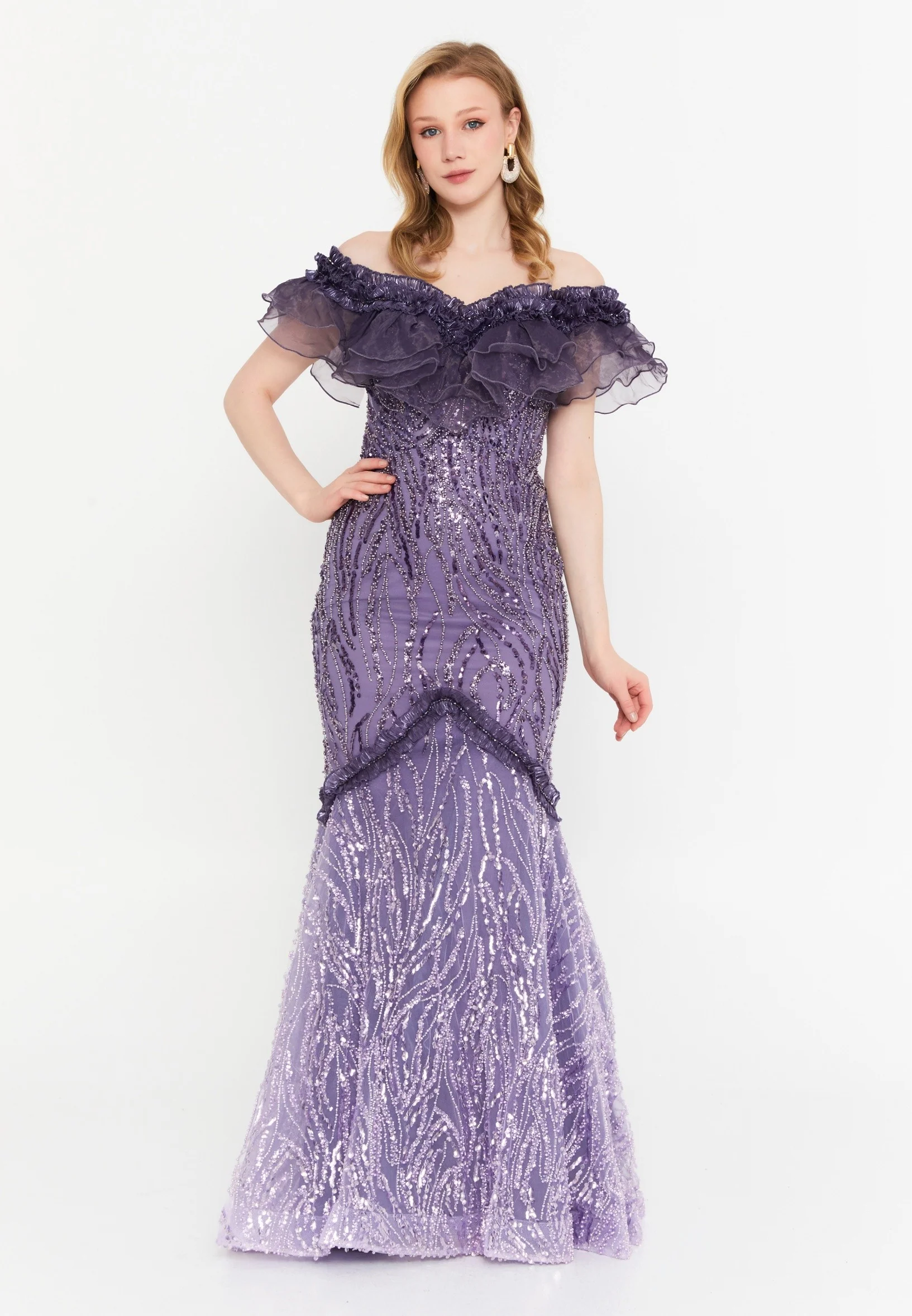 Off Shoulder Maxi Tulle Fit & Flare Regular Wedding Guest Dress mtc1076