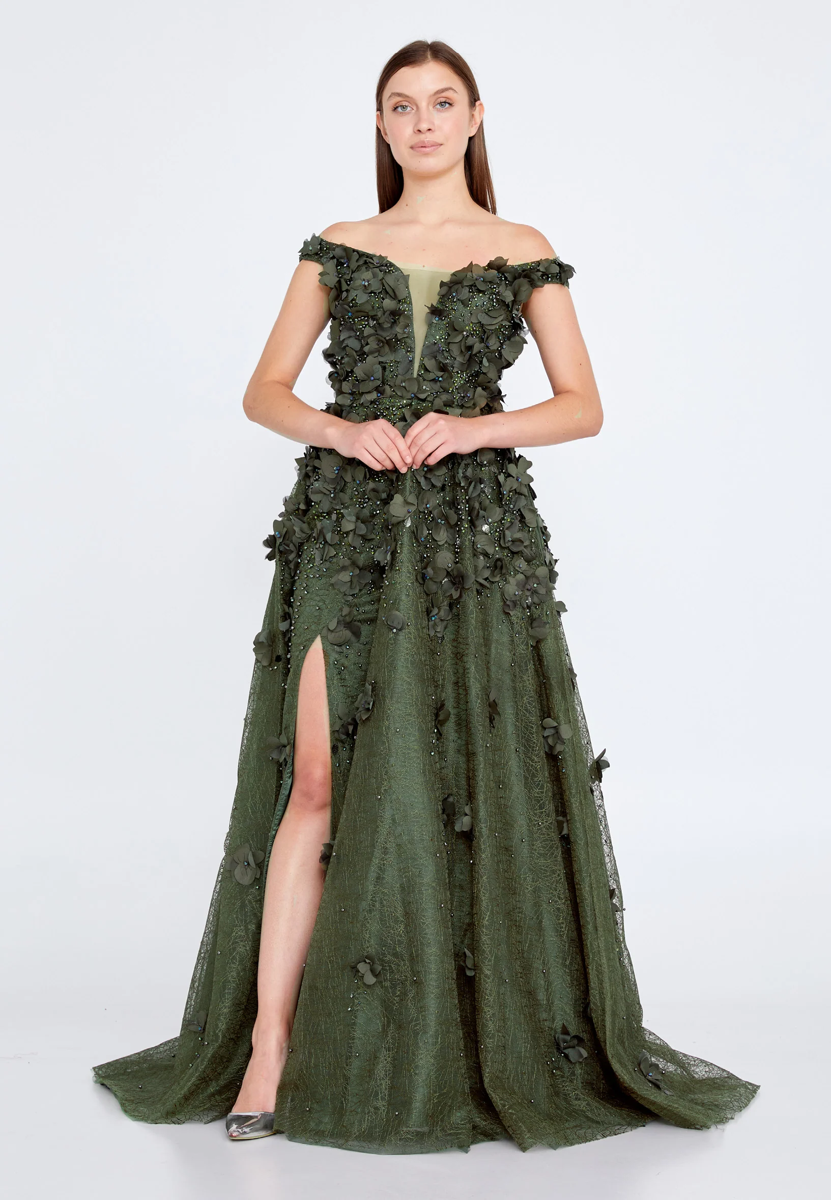 Off Shoulder Maxi Tulle Gown Regular Prom Dress knz3025