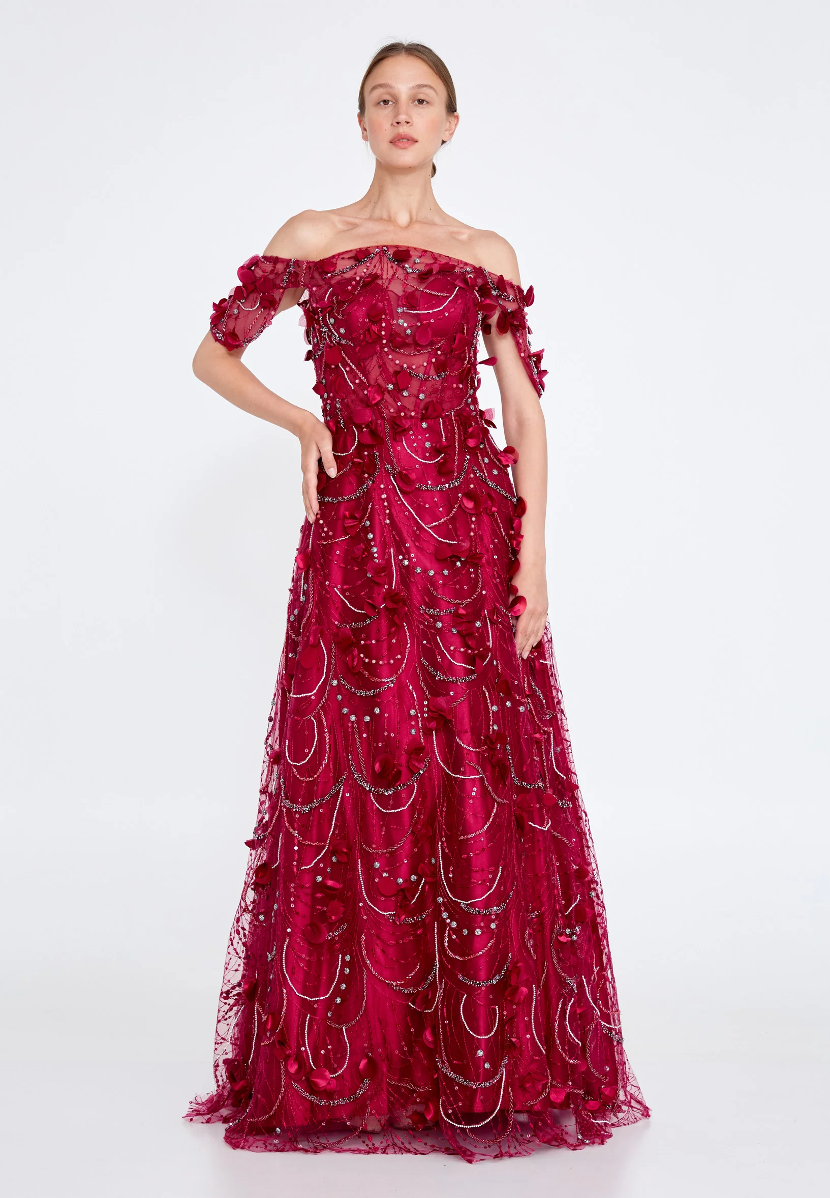 Off Shoulder Maxi Tulle Gown Regular Prom Dress knz3029