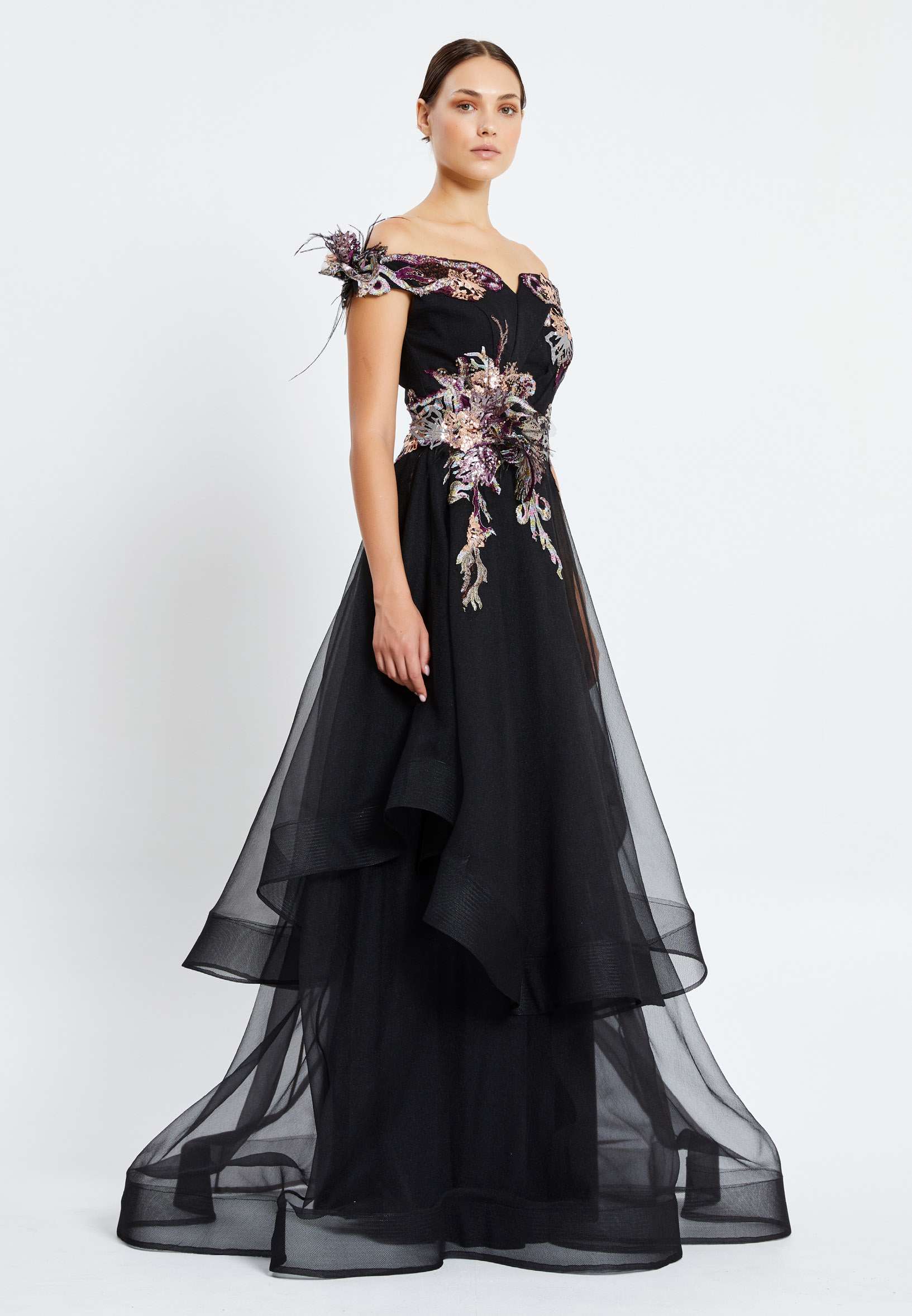 Off Shoulder Maxi Tulle Gown Regular Prom Dress rmn2988 - Image 3
