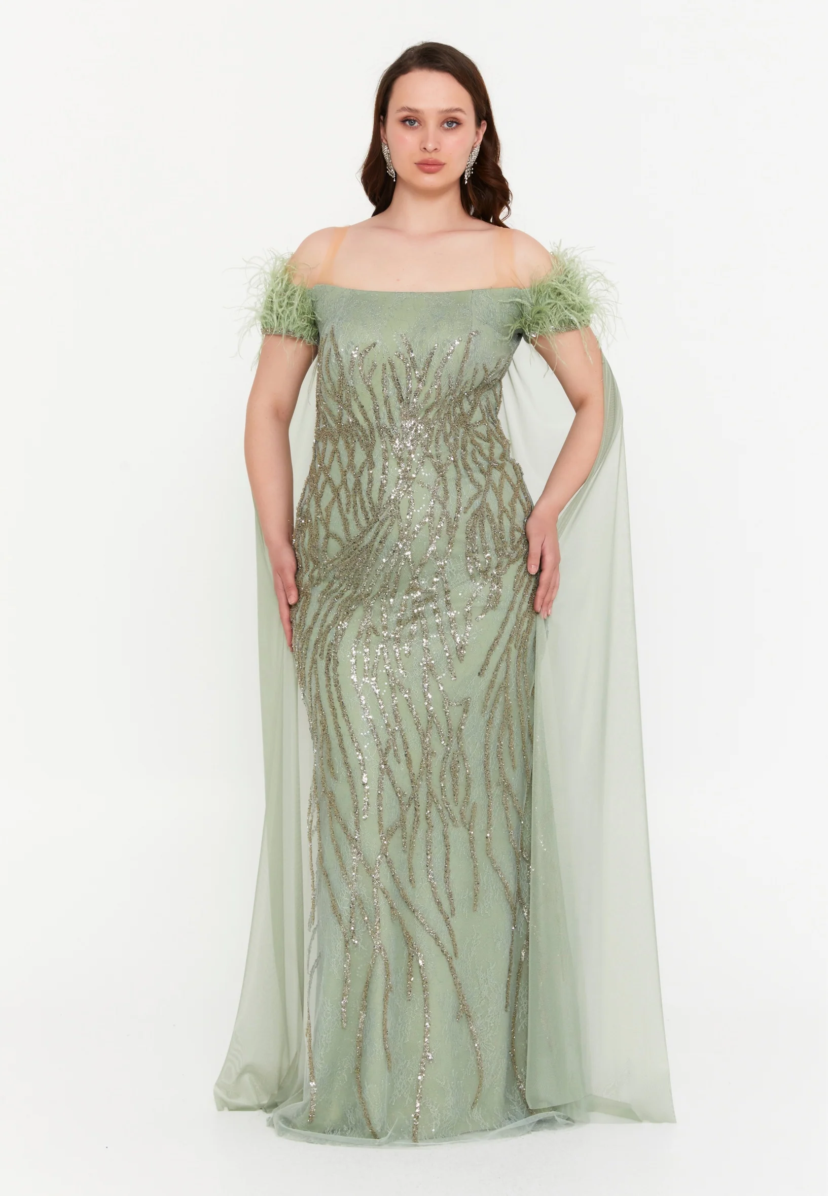 Off Shoulder Maxi Tulle Mermaid Plus Size Wedding Guest Dress omn0260