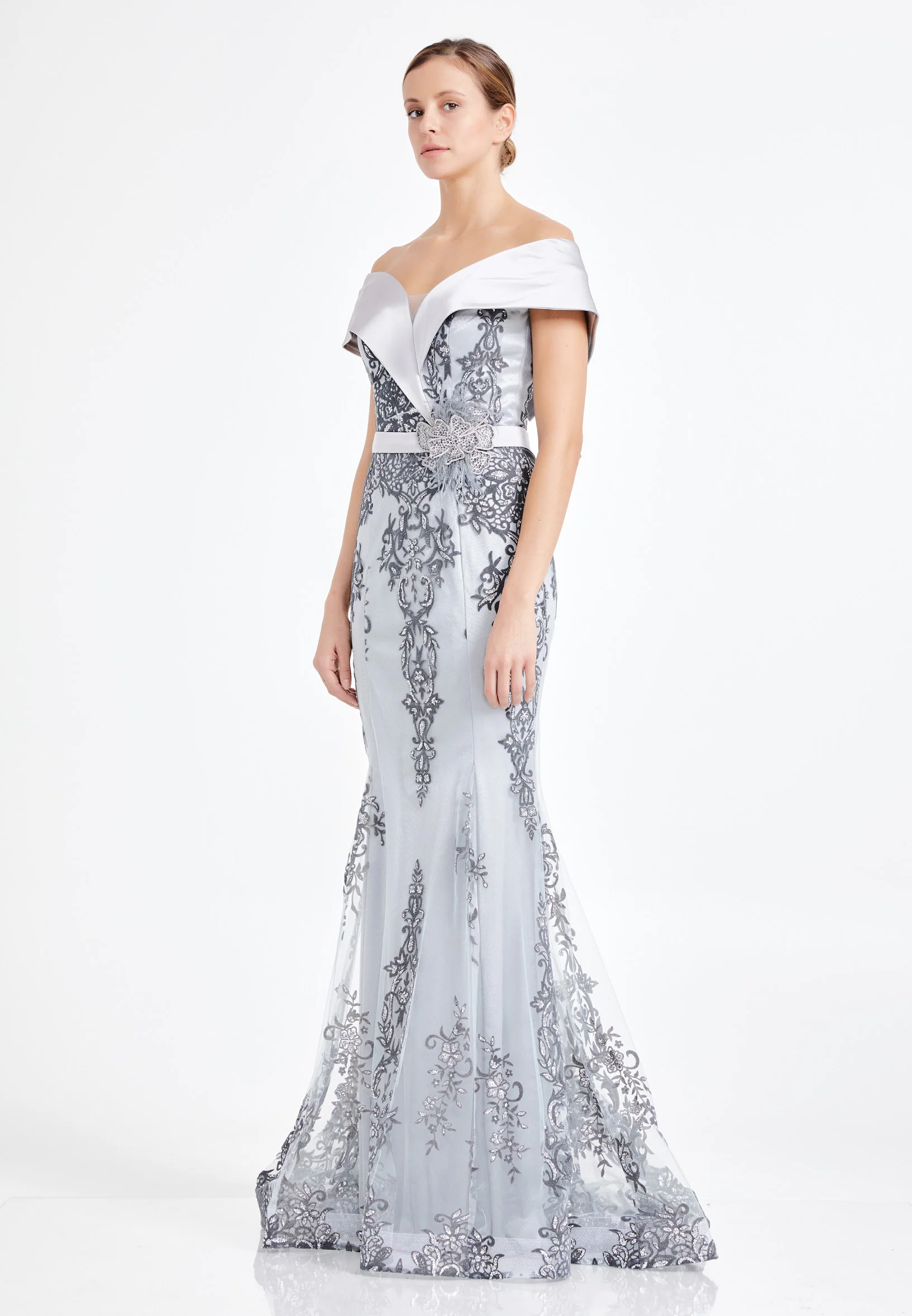 Off Shoulder Maxi Tulle Mermaid Regular Evening Dress rmn2602 - Image 3