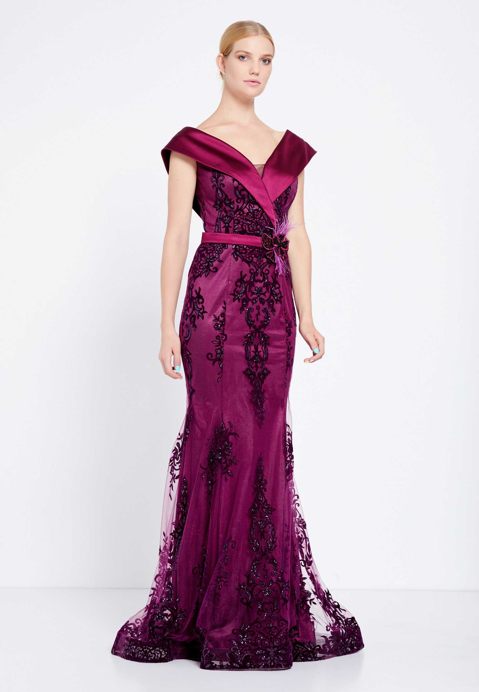 Off Shoulder Maxi Tulle Mermaid Regular Evening Dress rmn2602 - Image 7