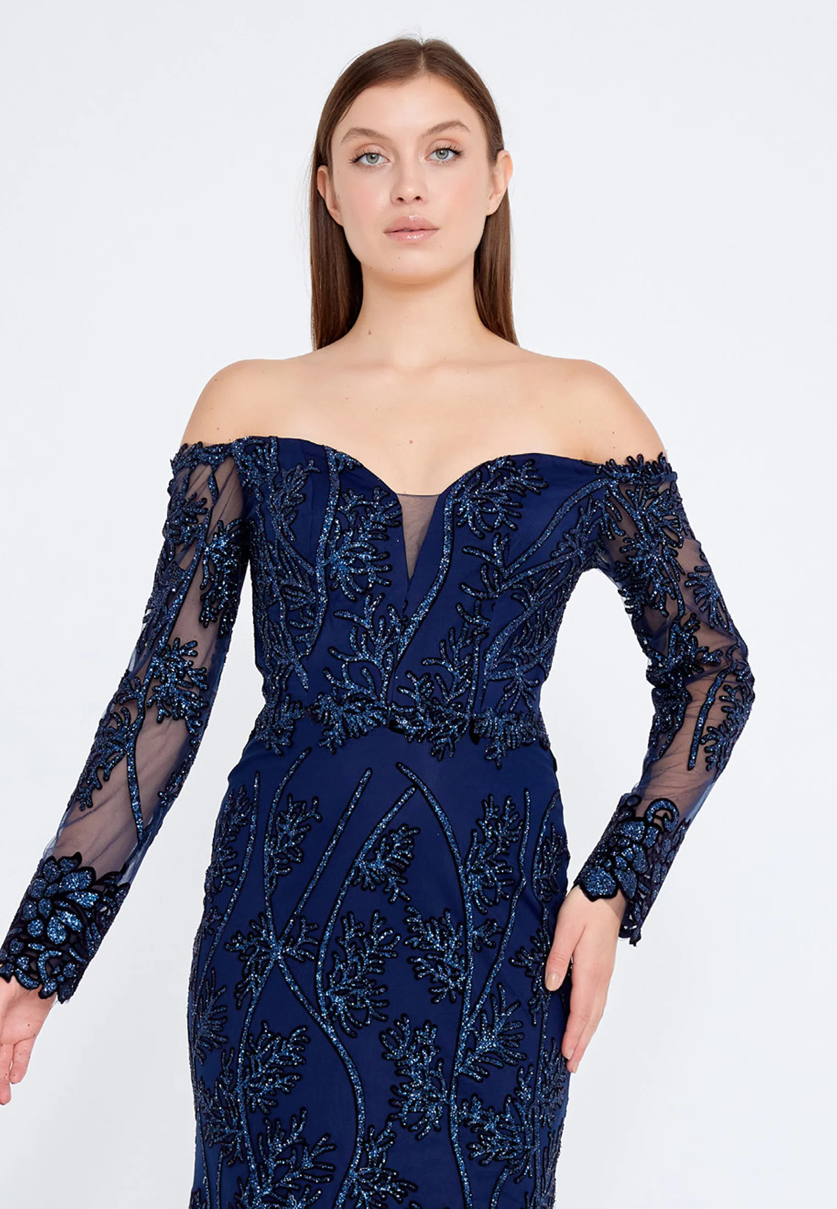 Off Shoulder Maxi Tulle Mermaid Regular Evening Dress rmn3090 - Image 12