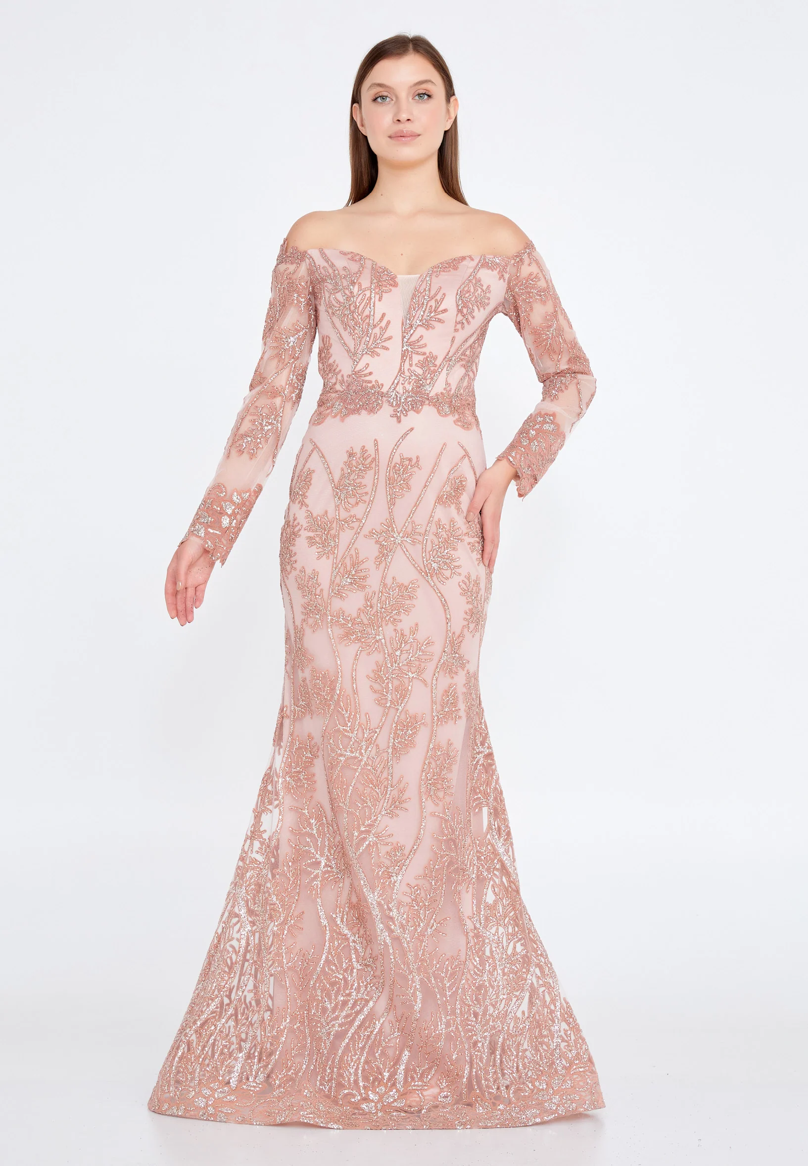 Off Shoulder Maxi Tulle Mermaid Regular Evening Dress rmn3090 - Image 13