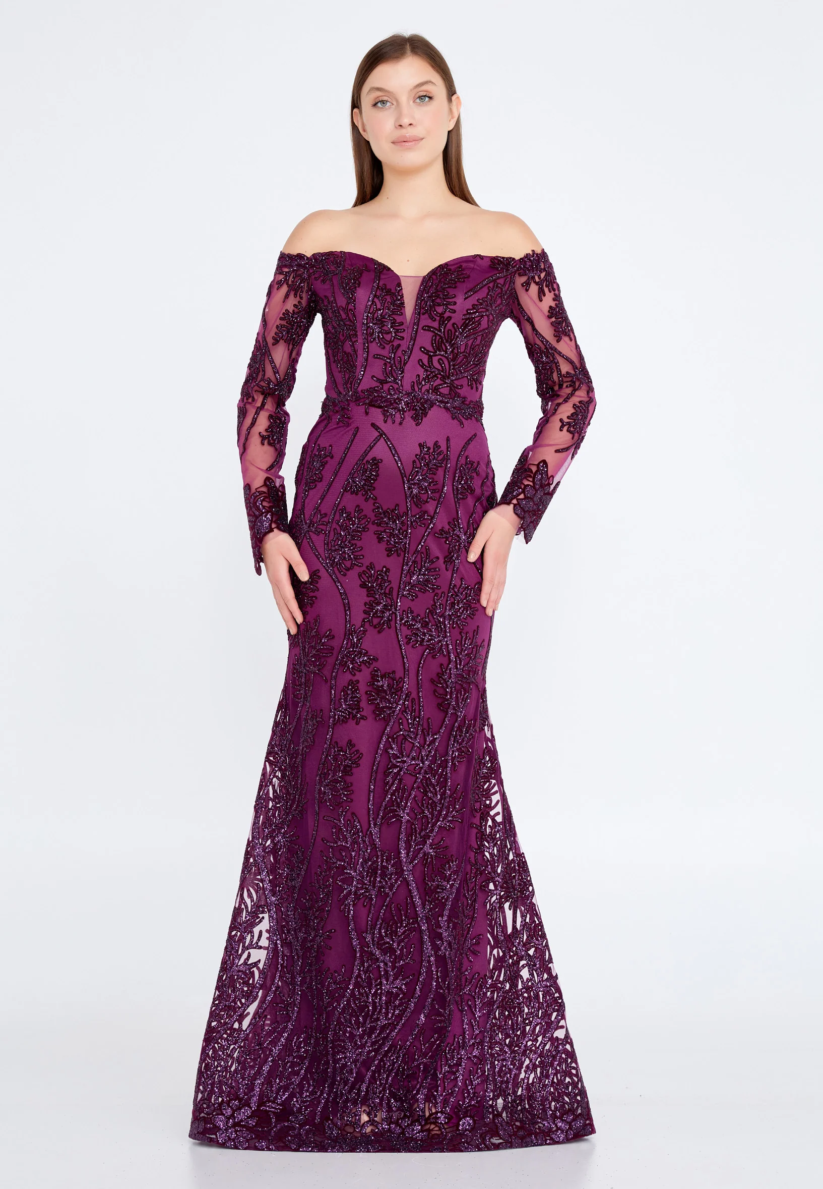 Off Shoulder Maxi Tulle Mermaid Regular Evening Dress rmn3090 - Image 17