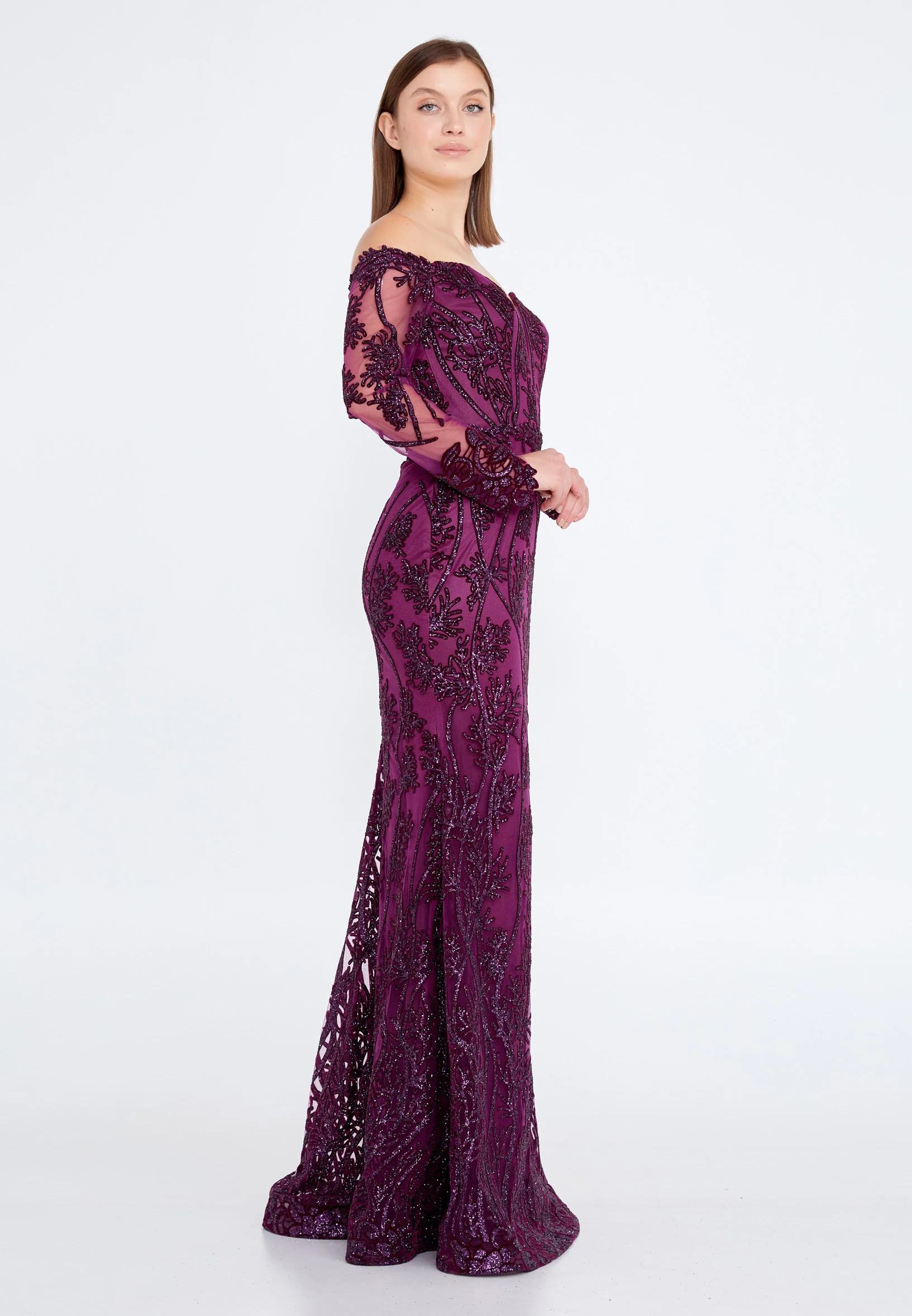 Off Shoulder Maxi Tulle Mermaid Regular Evening Dress rmn3090 - Image 19