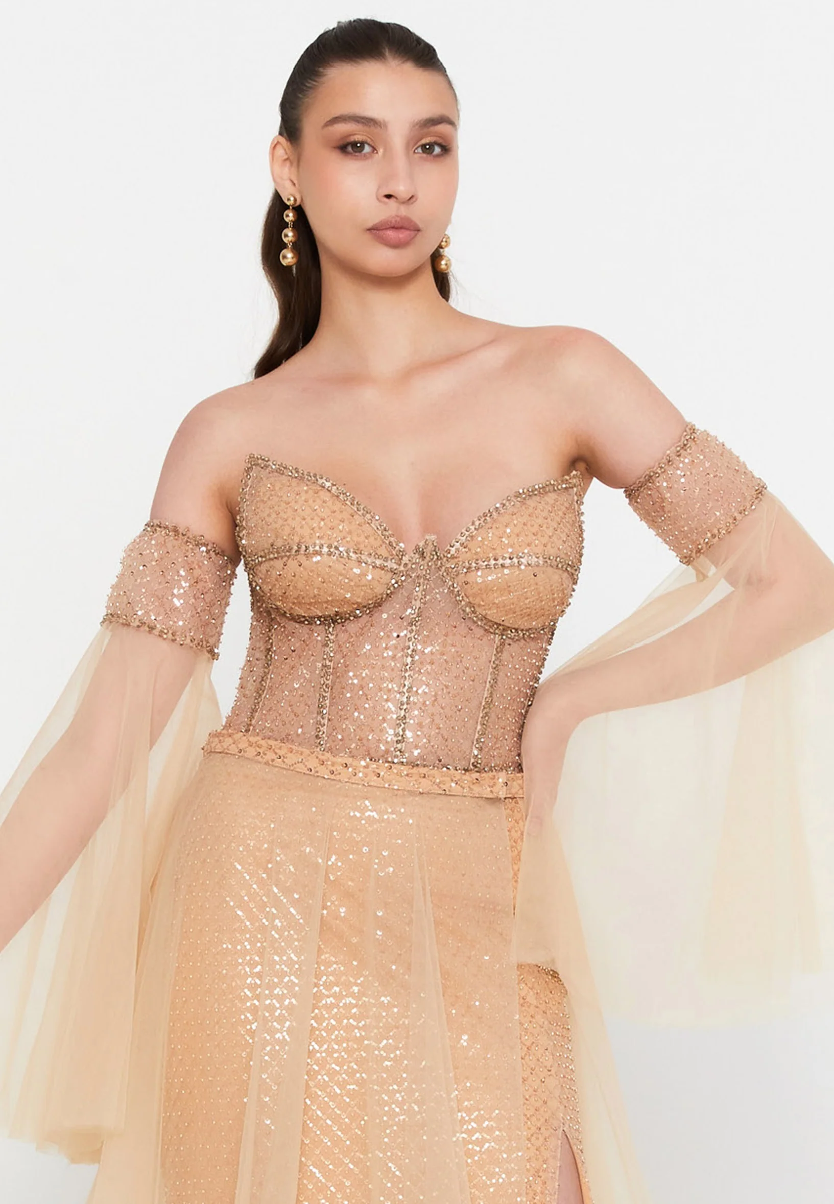 Off Shoulder Maxi Tulle Mermaid Regular Prom Dress aln1888 - Image 12