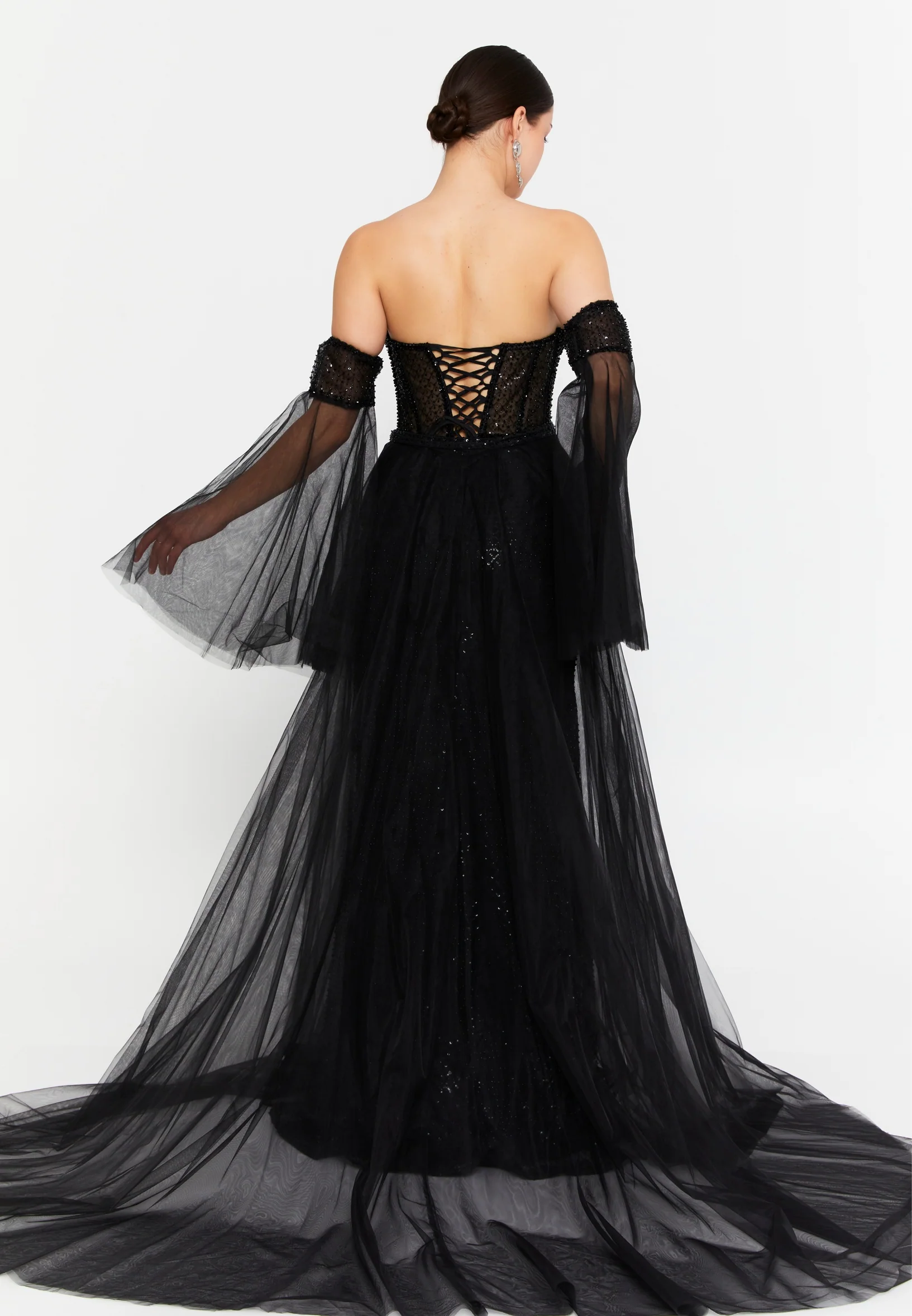 Off Shoulder Maxi Tulle Mermaid Regular Prom Dress aln1888 - Image 2