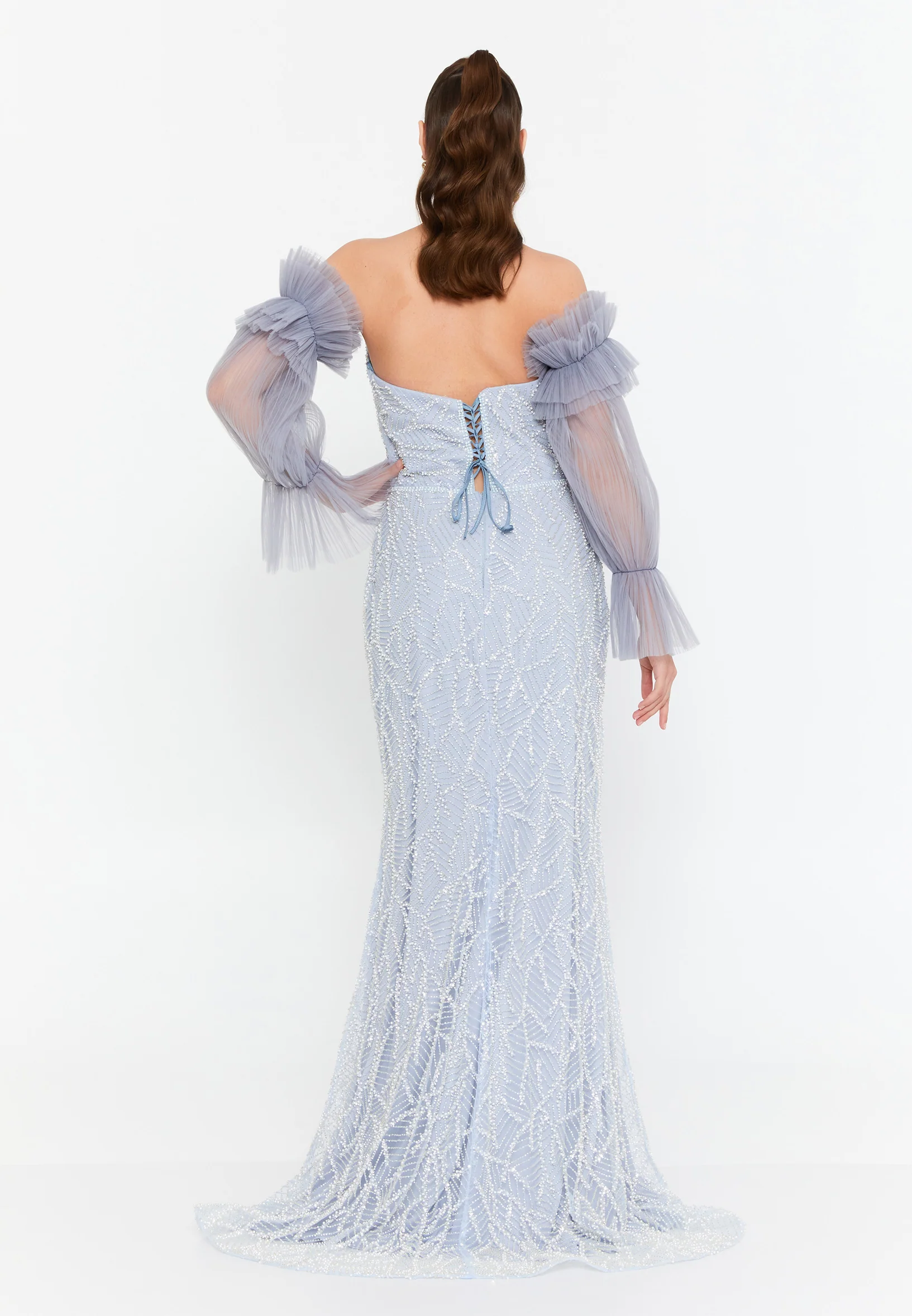 Off Shoulder Maxi Tulle Mermaid Regular Prom Dress aln1916 - Image 2