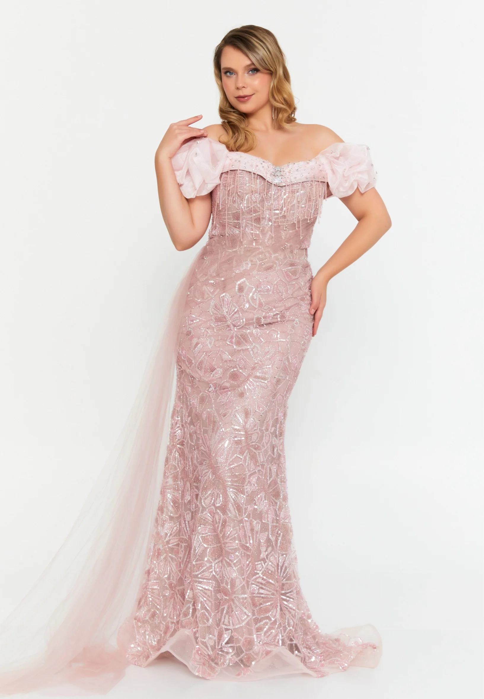 Off Shoulder Maxi Tulle Mermaid Regular Prom Dress mtc04-34 - Image 5