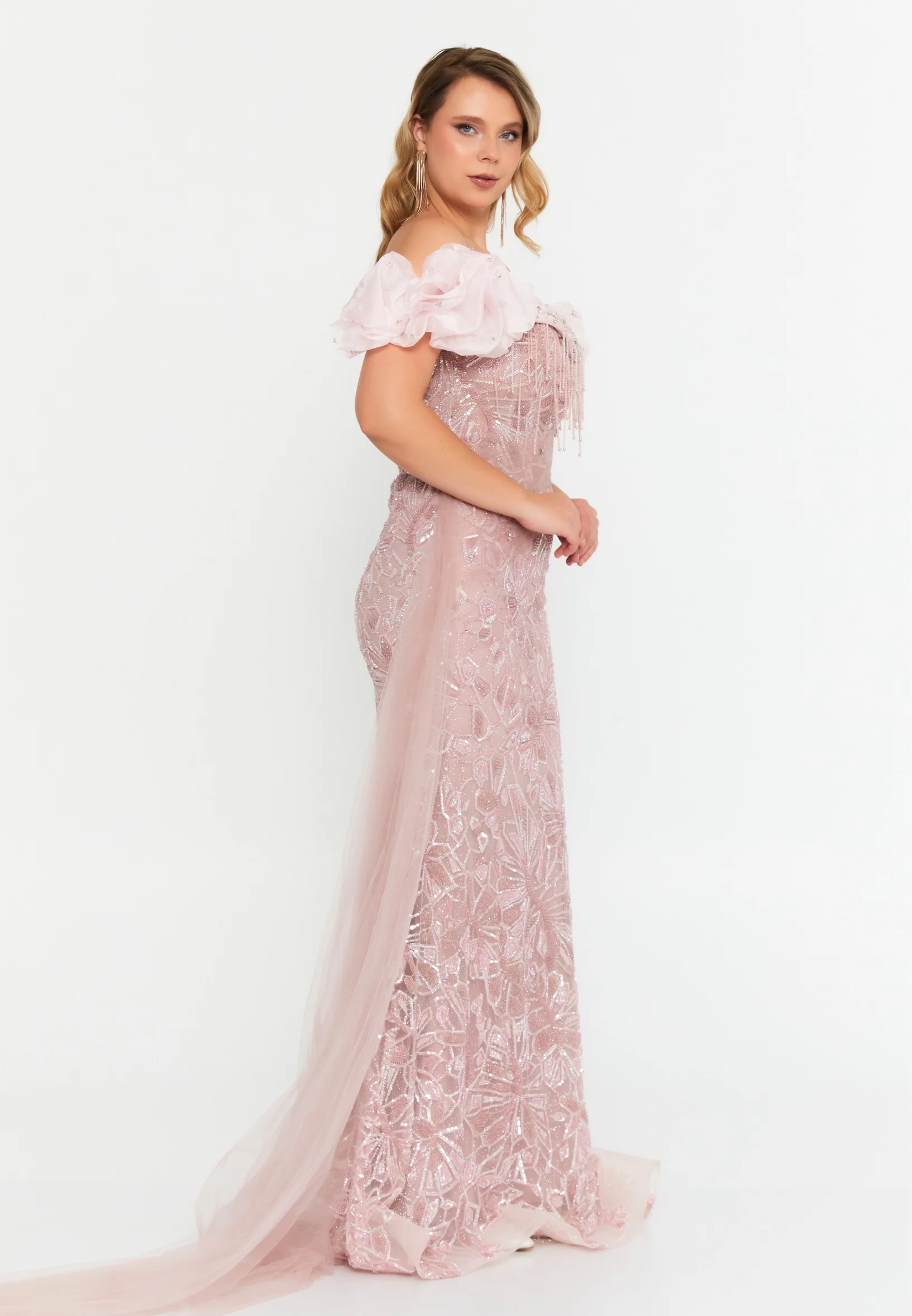 Off Shoulder Maxi Tulle Mermaid Regular Prom Dress mtc04-34 - Image 7