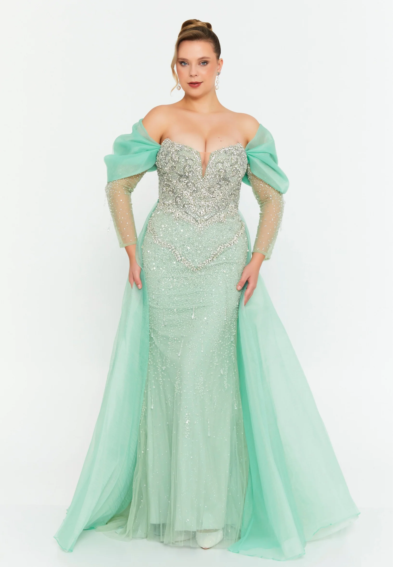 Off Shoulder Maxi Tulle Mermaid Regular Prom Dress mtc0701k - Image 5