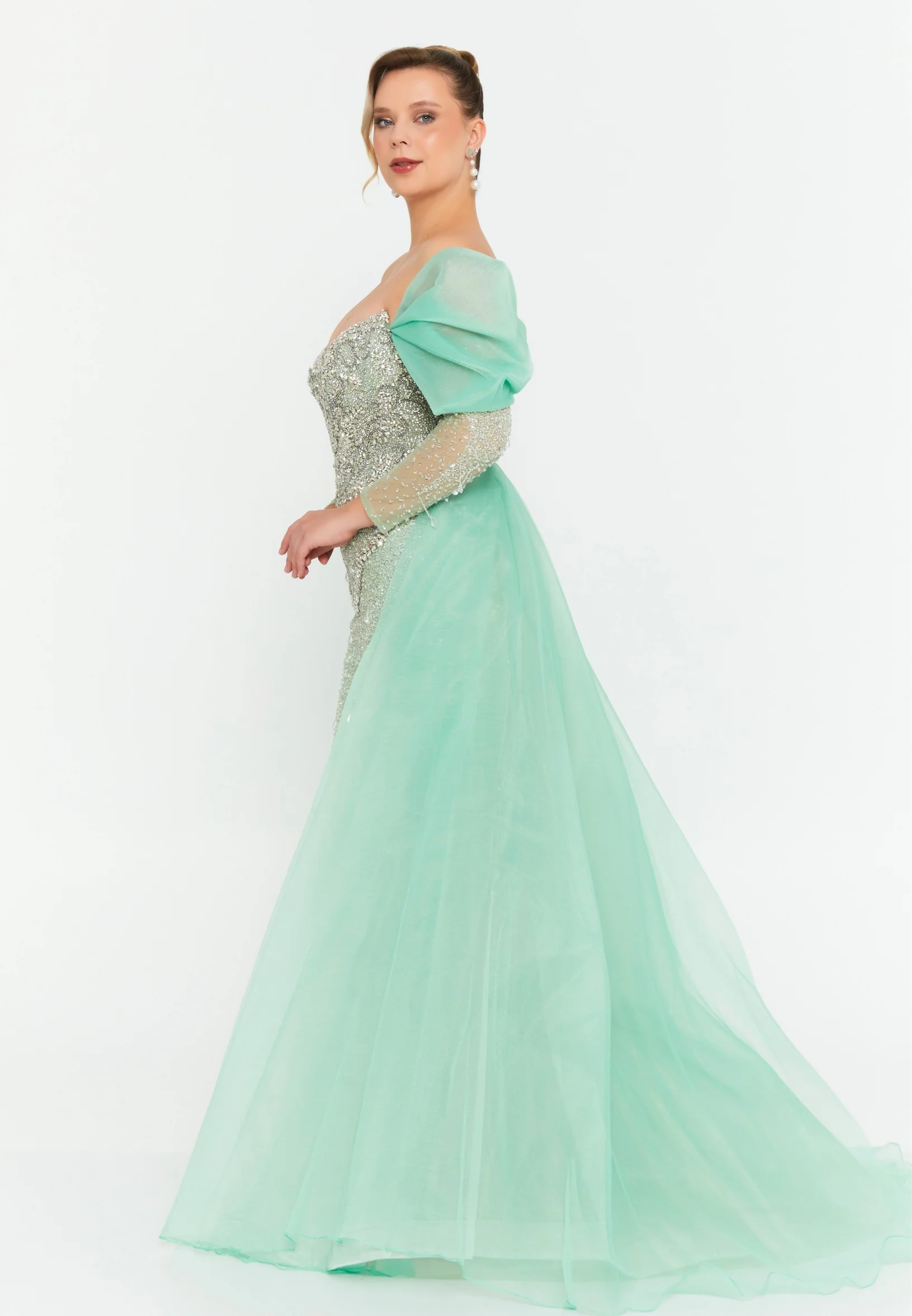 Off Shoulder Maxi Tulle Mermaid Regular Prom Dress mtc0701k - Image 7