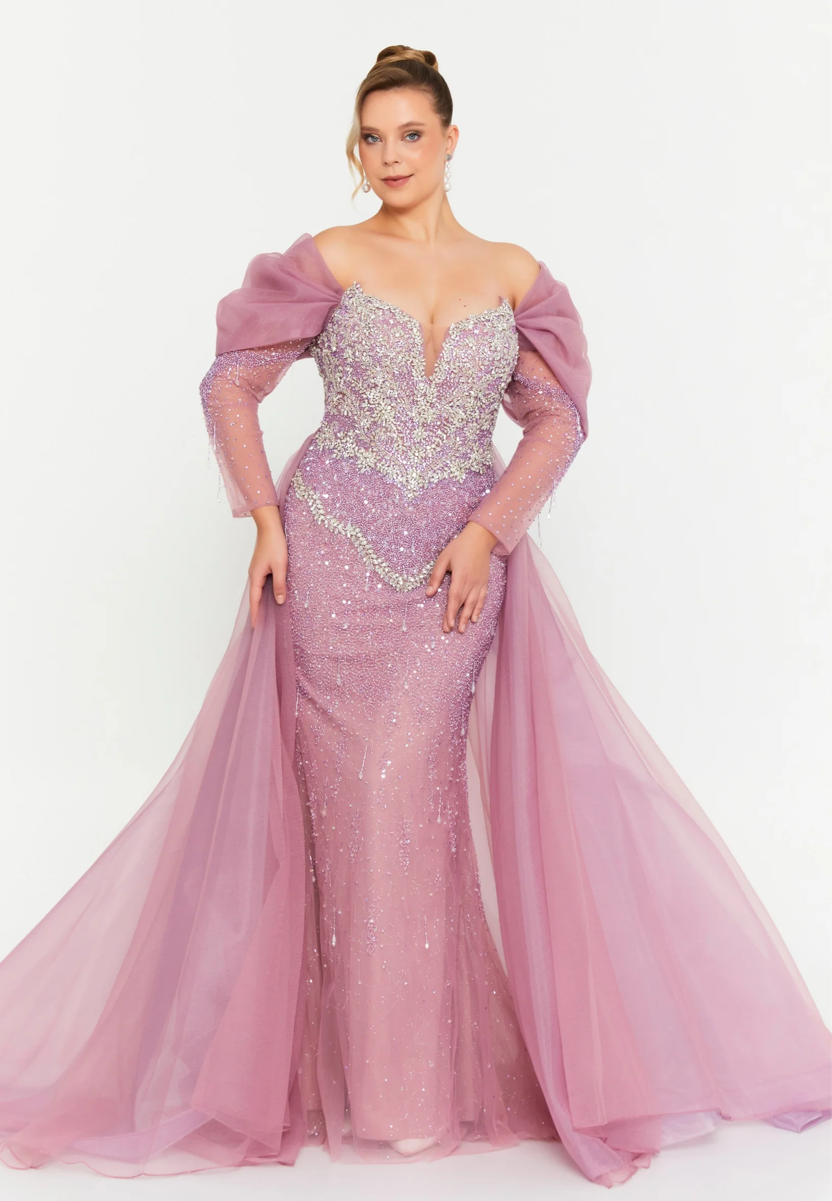 Off Shoulder Maxi Tulle Mermaid Regular Prom Dress mtc0701k - Image 9