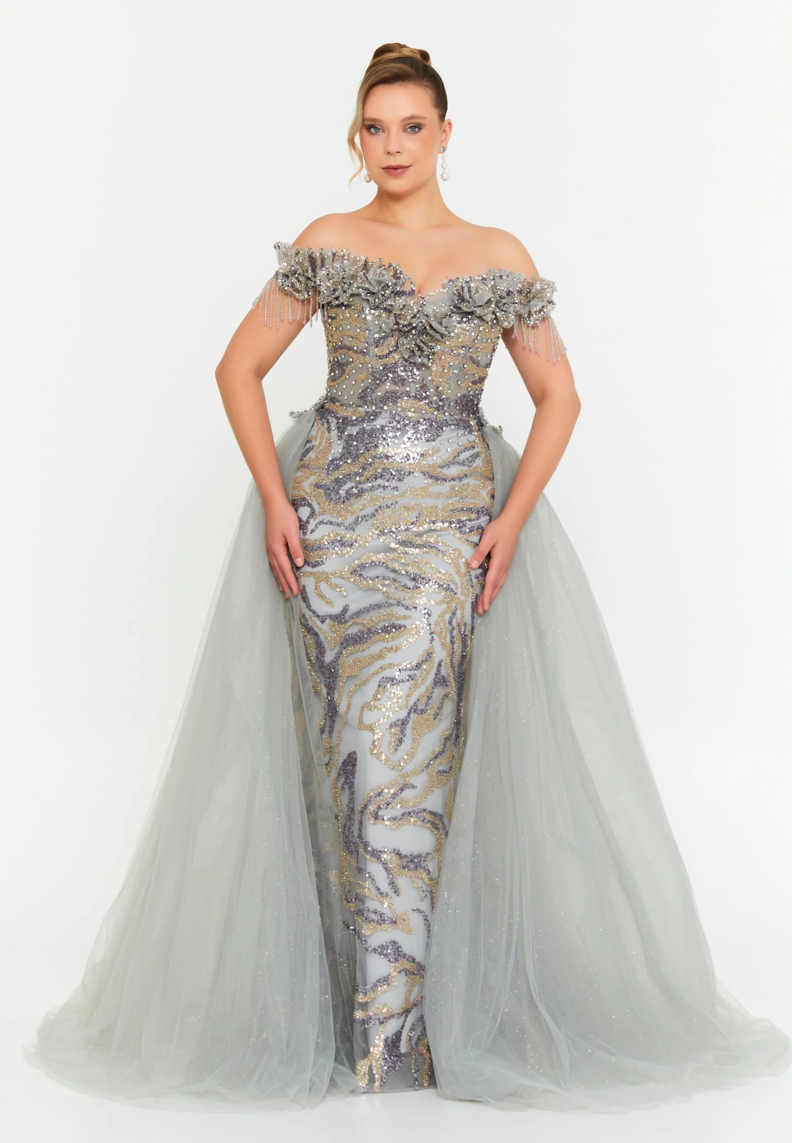 Off Shoulder Maxi Tulle Mermaid Regular Prom Dress mtc1053 - Image 11