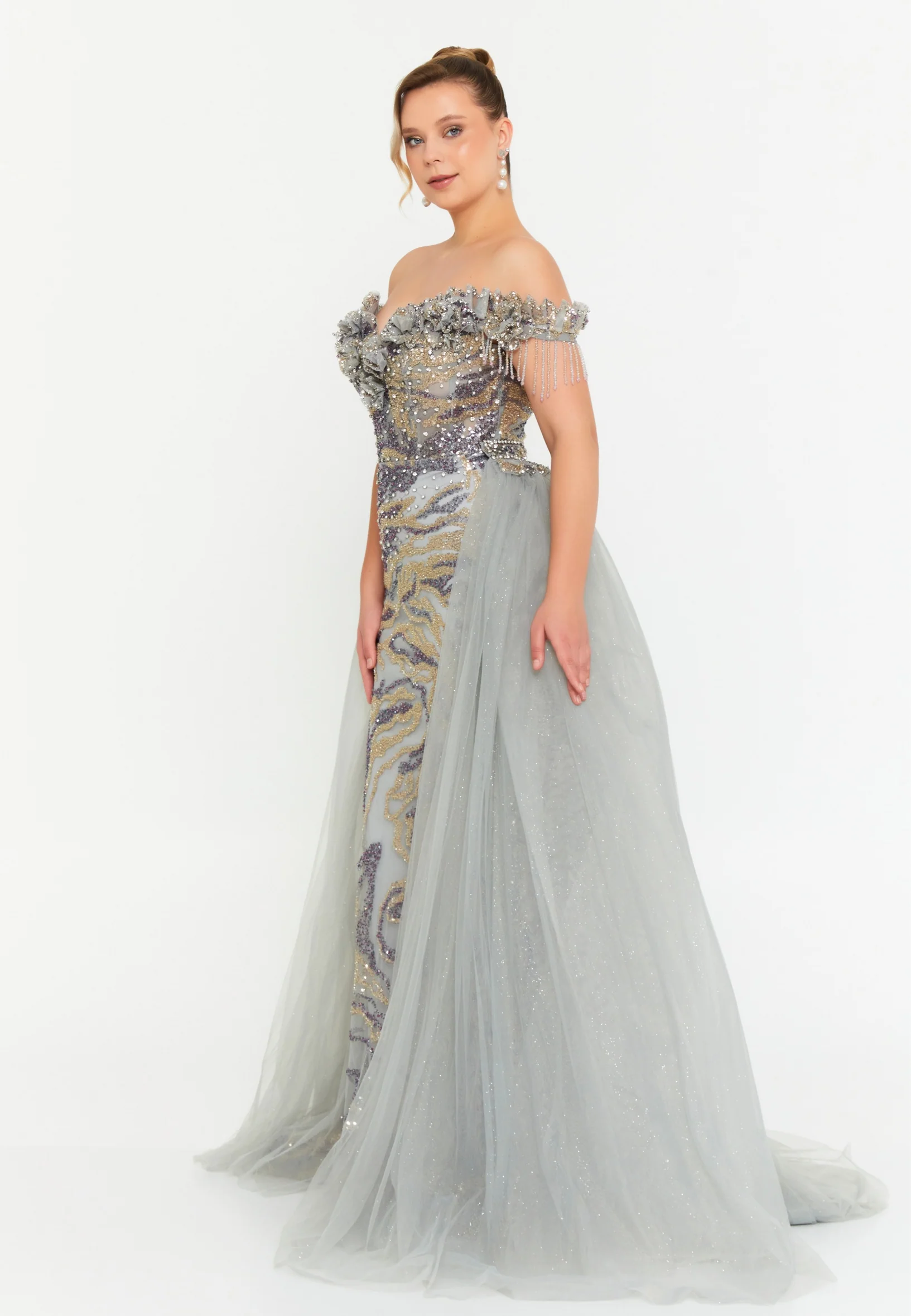 Off Shoulder Maxi Tulle Mermaid Regular Prom Dress mtc1053 - Image 13