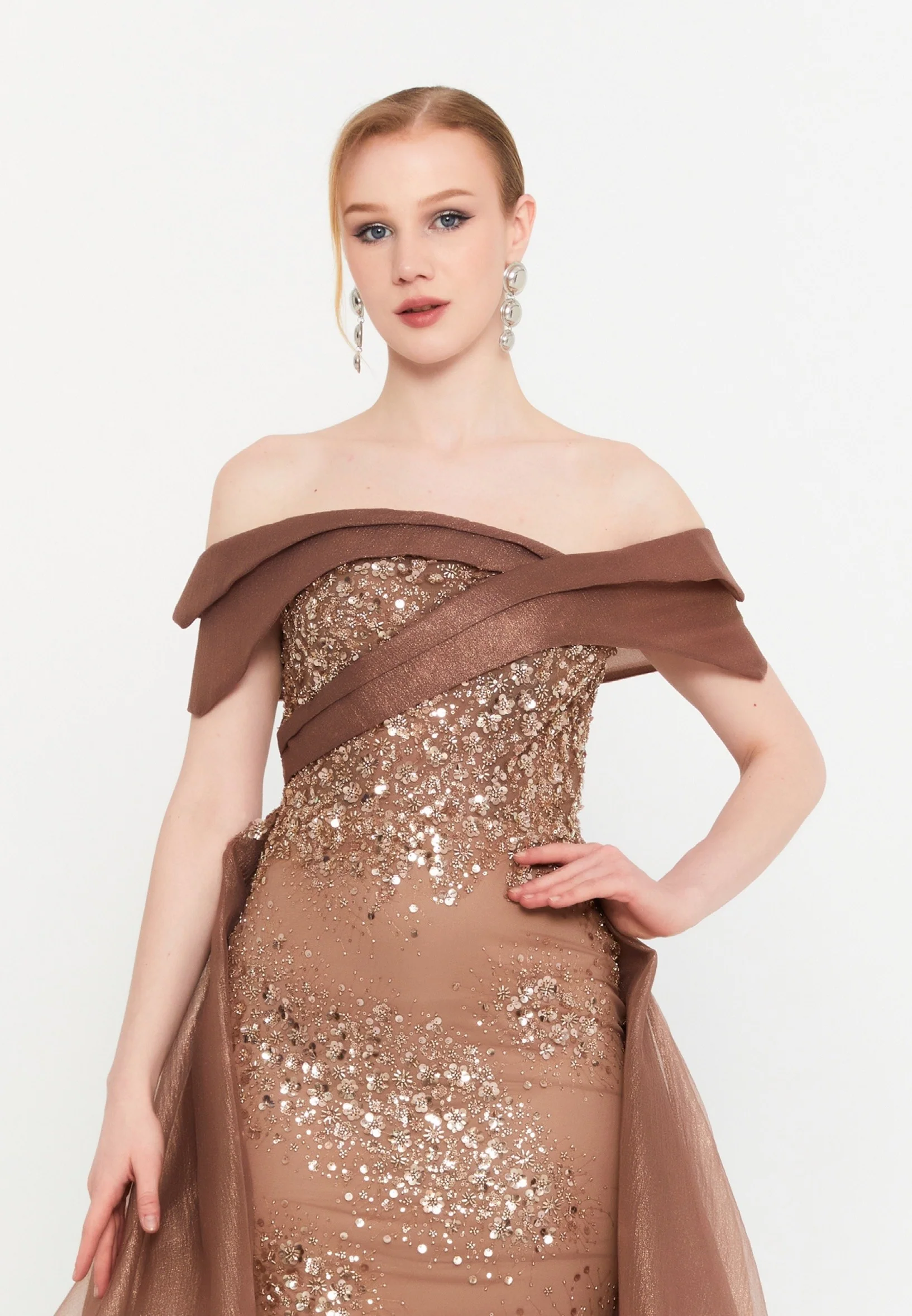 Off Shoulder Maxi Tulle Mermaid Regular Prom Dress mtc2607 - Image 4