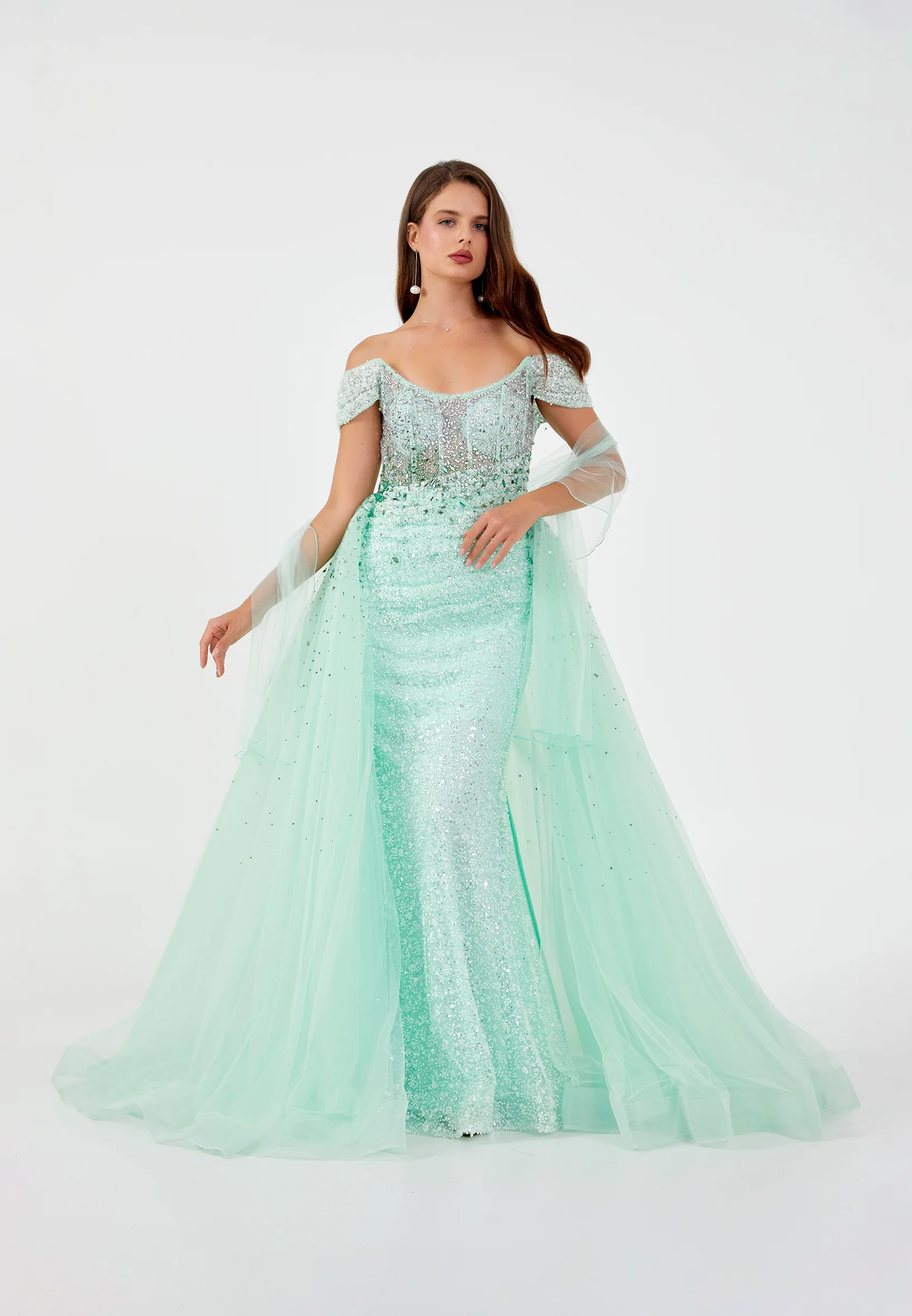 Off Shoulder Maxi Tulle Mermaid Regular Prom Dress mti80104