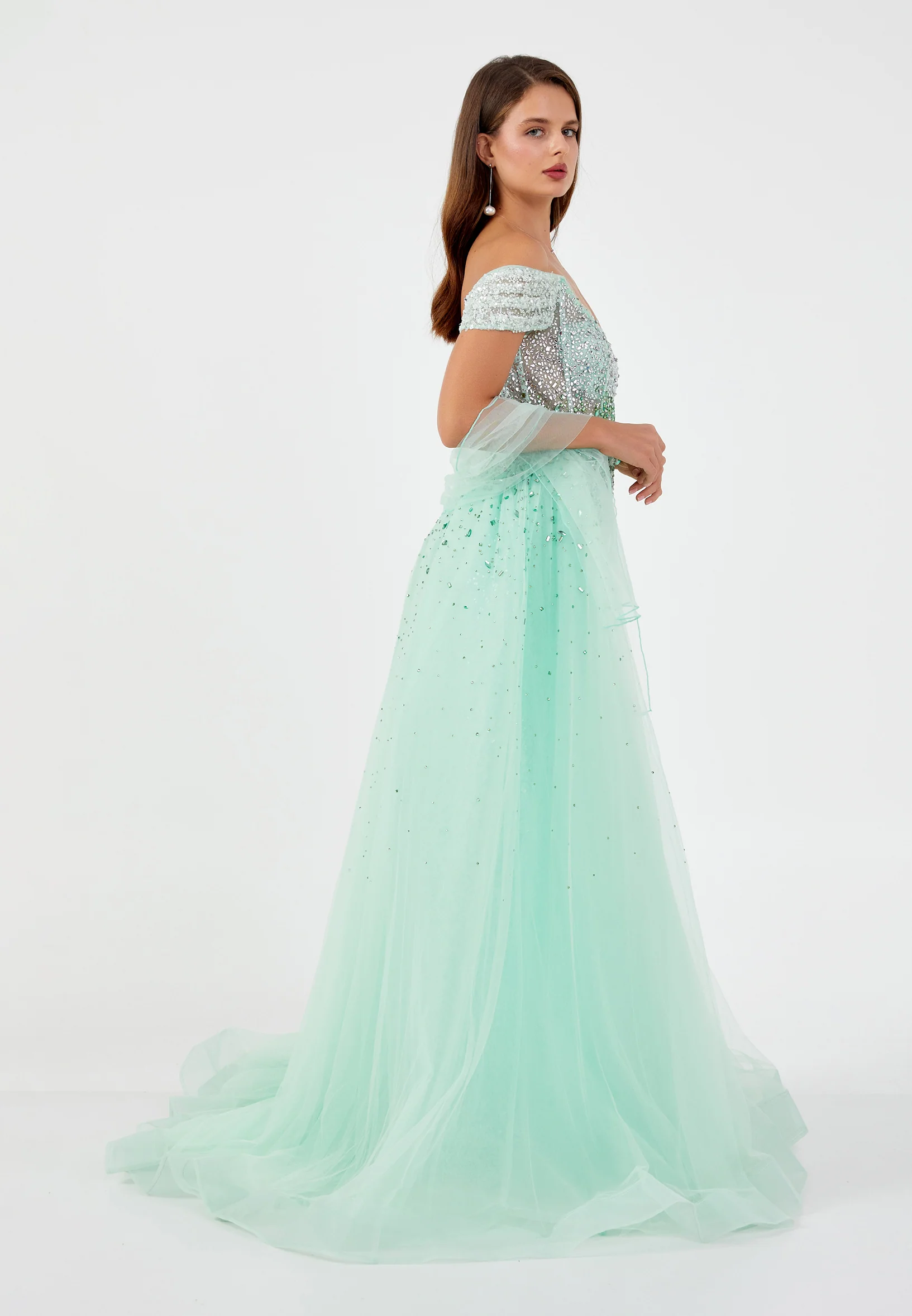 Off Shoulder Maxi Tulle Mermaid Regular Prom Dress mti80104 - Image 3
