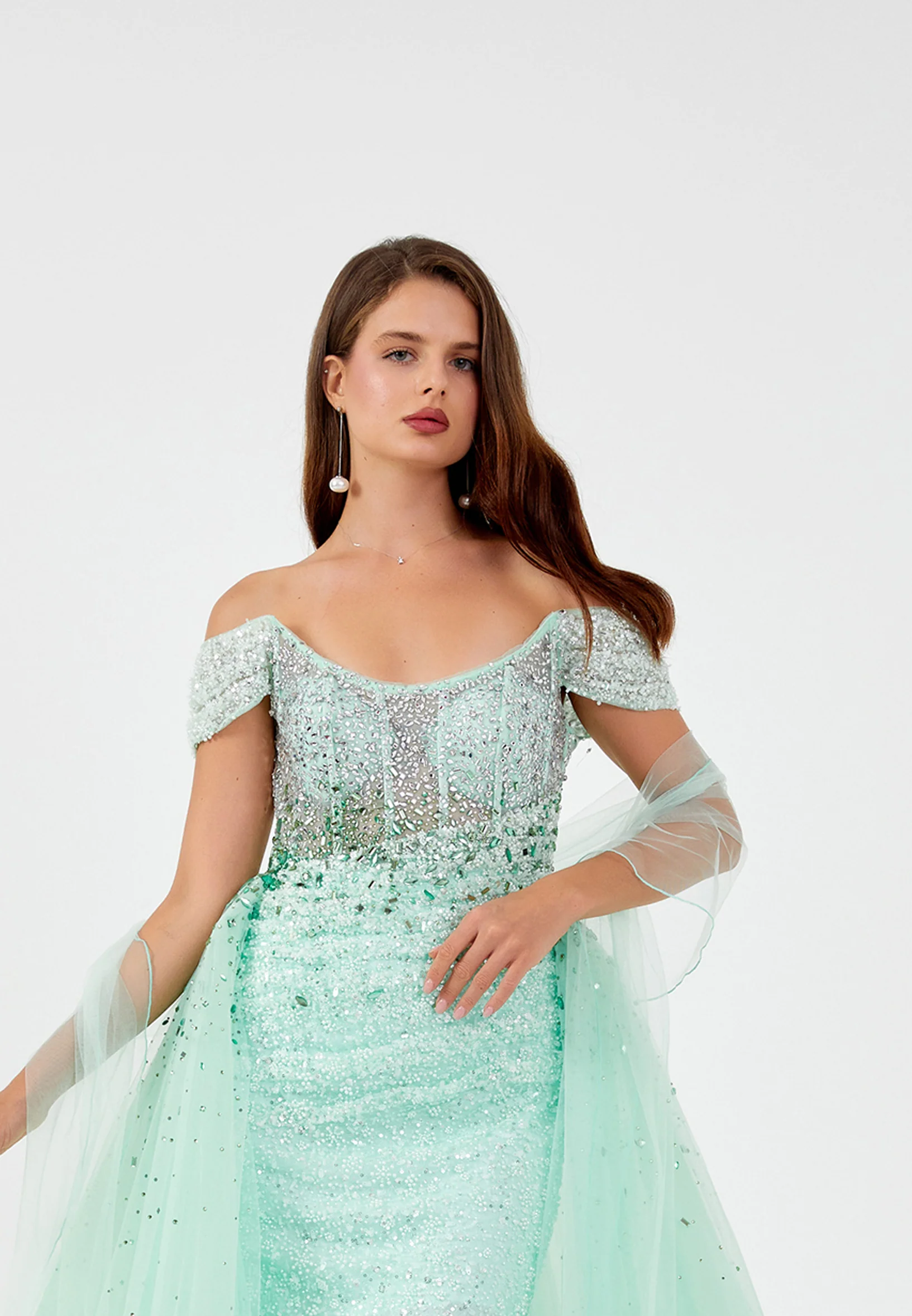 Off Shoulder Maxi Tulle Mermaid Regular Prom Dress mti80104 - Image 4