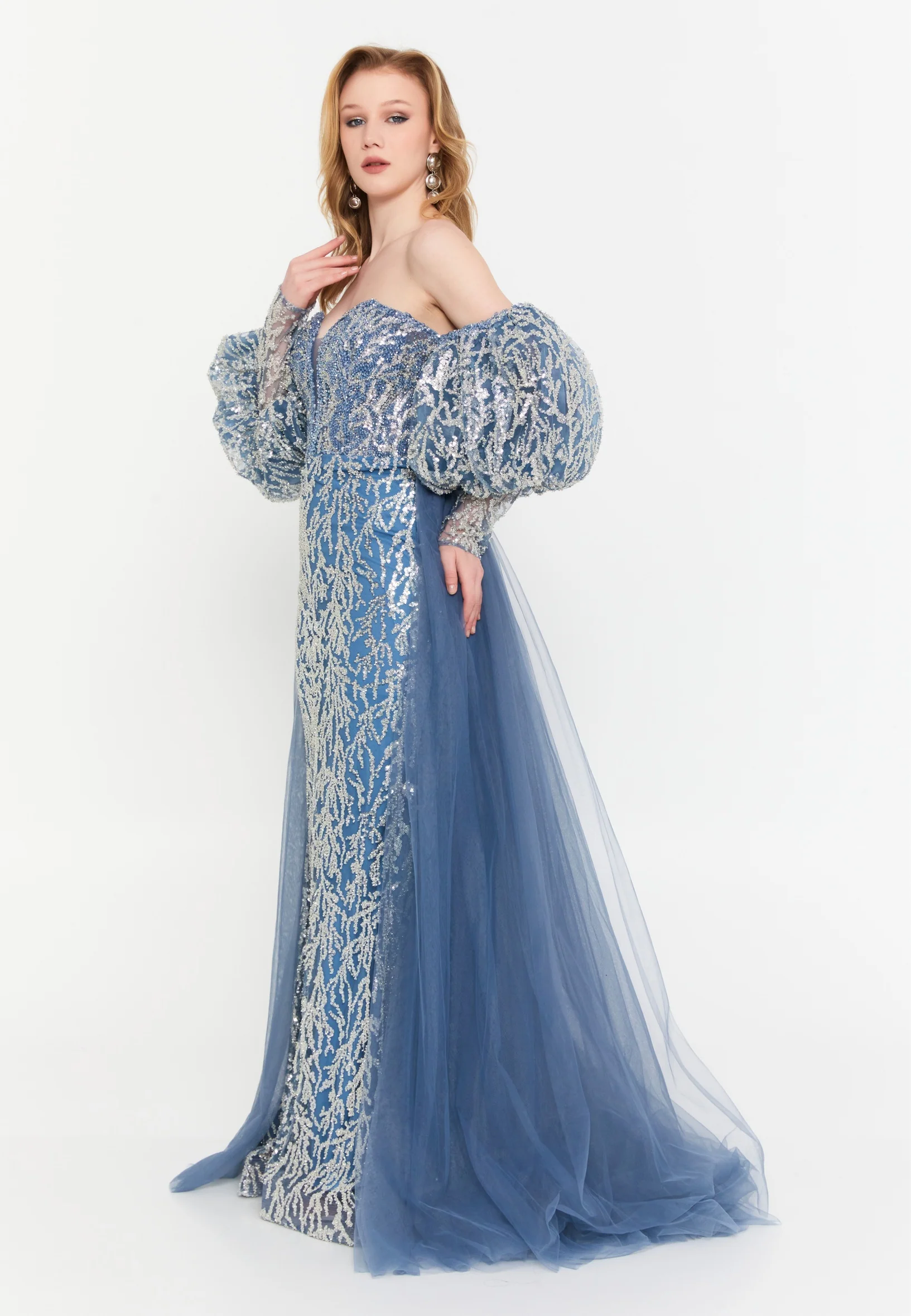 Off Shoulder Maxi Tulle Mermaid Regular Wedding Guest Dress mtc1042k - Image 3