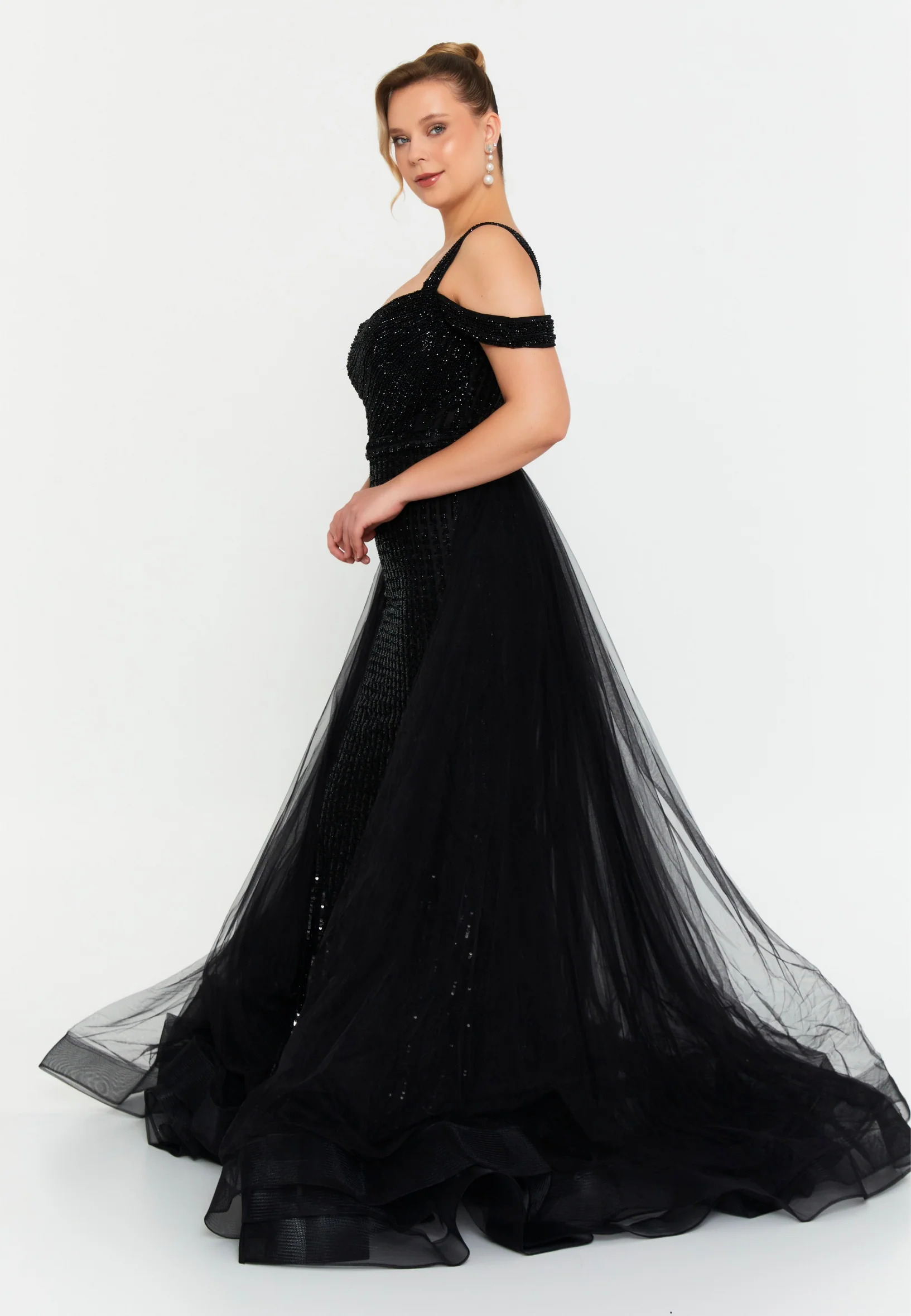 Off Shoulder Maxi Tulle Mermaid Regular Wedding Guest Dress mtc2609 - Image 3