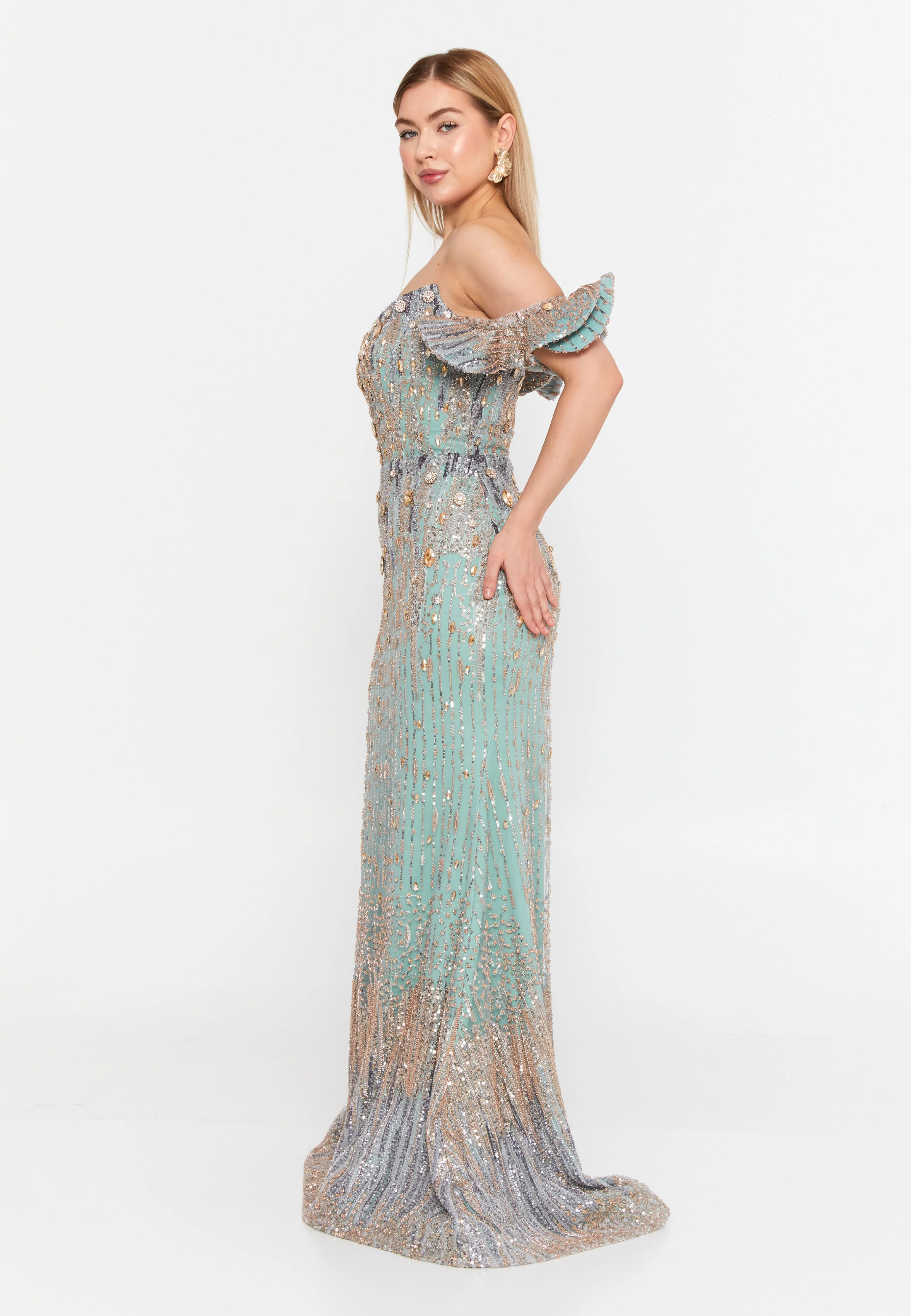 Off Shoulder Maxi Tulle Mermaid Regular Wedding Guest Dress mtr88219 - Image 3