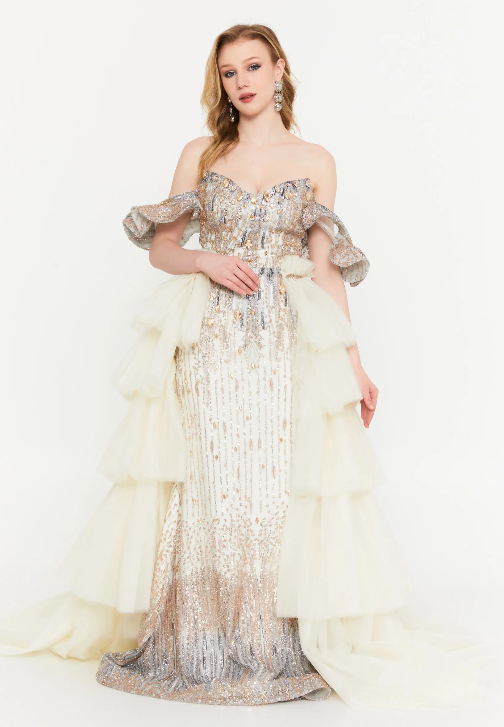 Off Shoulder Maxi Tulle Mermaid Regular Wedding Guest Dress mtr88219 - Image 5