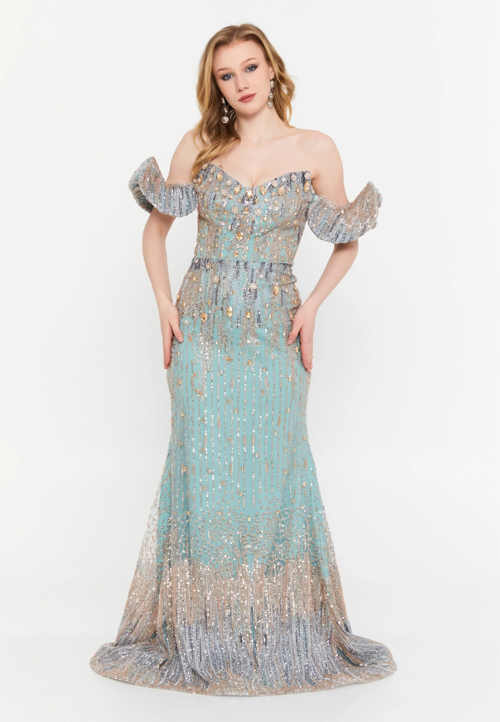 Off Shoulder Maxi Tulle Mermaid Regular Wedding Guest Dress mtr88219blk