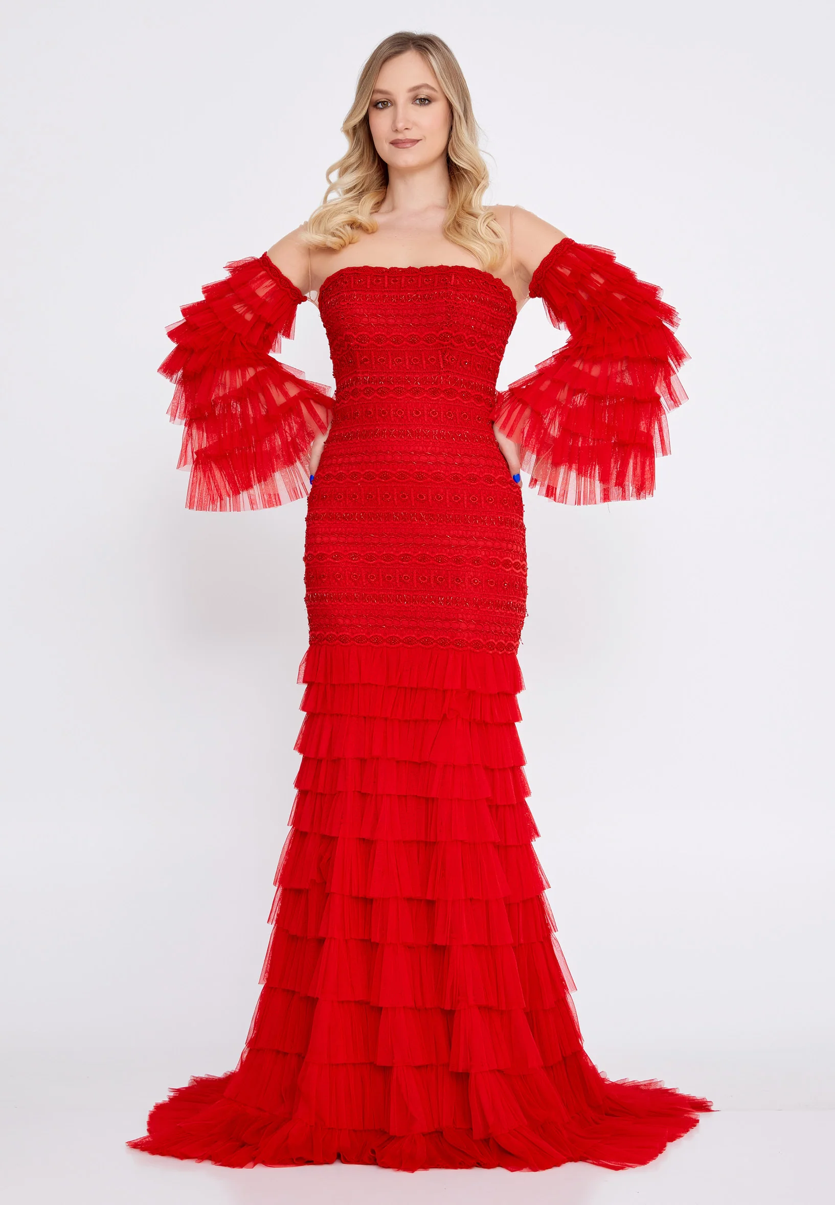 Off Shoulder Maxi Tulle Mermaid Regular Wedding Guest Dress omn2182 - Image 29