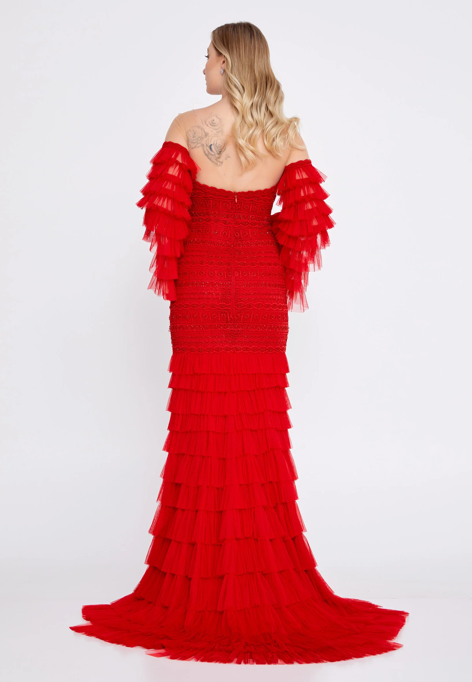 Off Shoulder Maxi Tulle Mermaid Regular Wedding Guest Dress omn2182 - Image 30