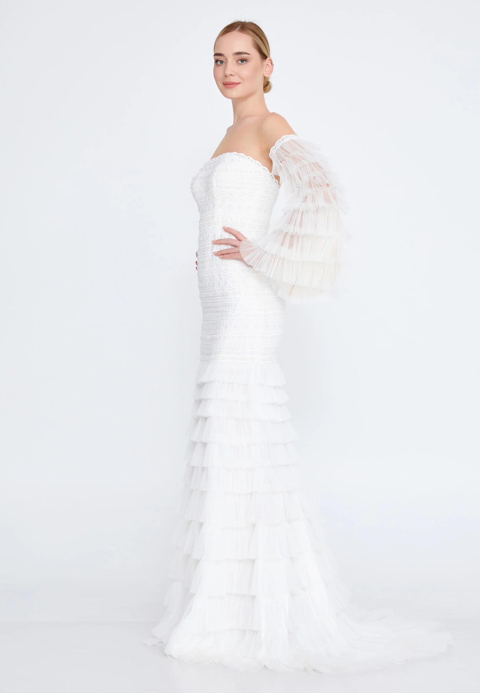 Off Shoulder Maxi Tulle Mermaid Regular Wedding Guest Dress omn2182 - Image 39