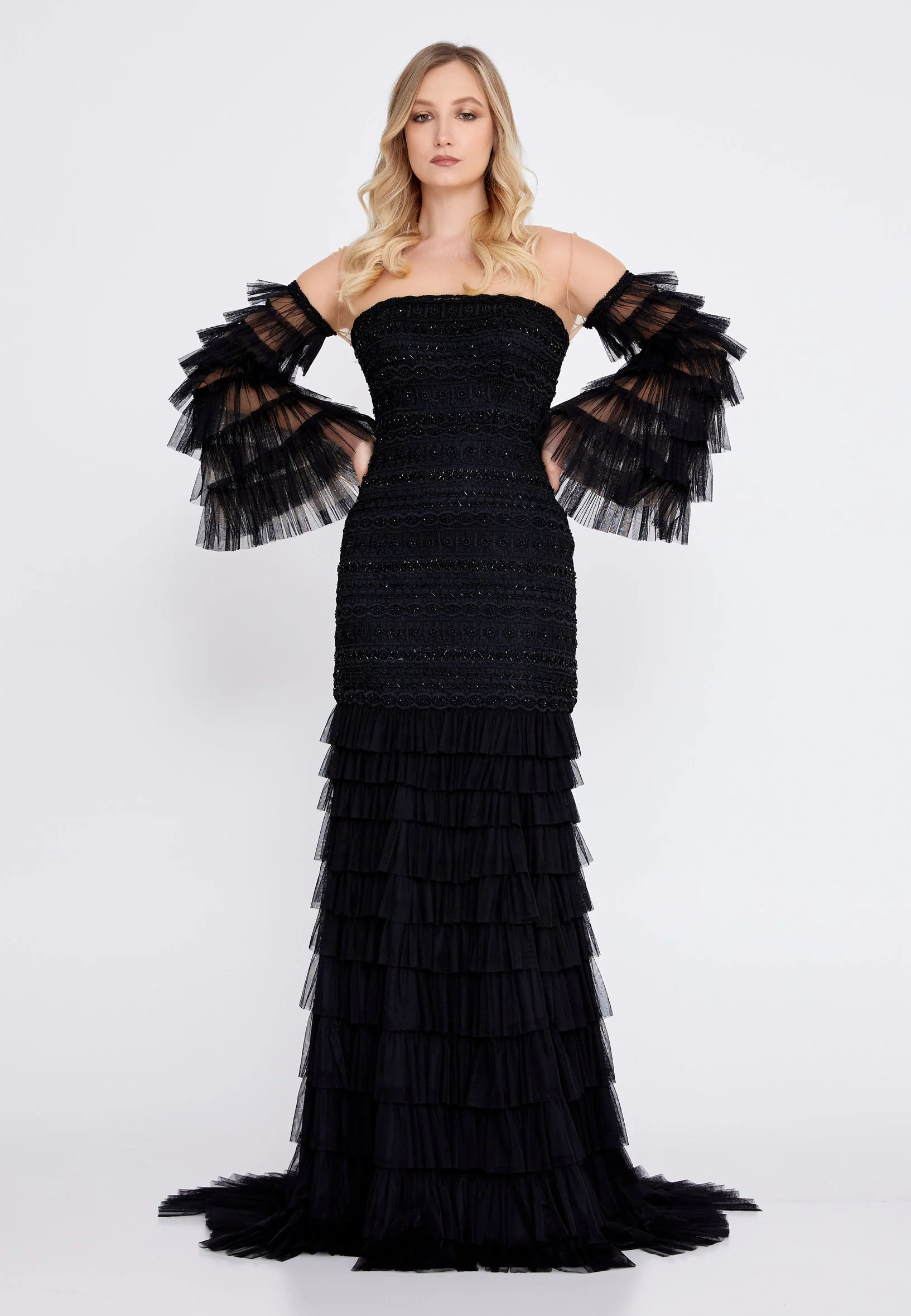 Off Shoulder Maxi Tulle Mermaid Regular Wedding Guest Dress omn2182 - Image 5