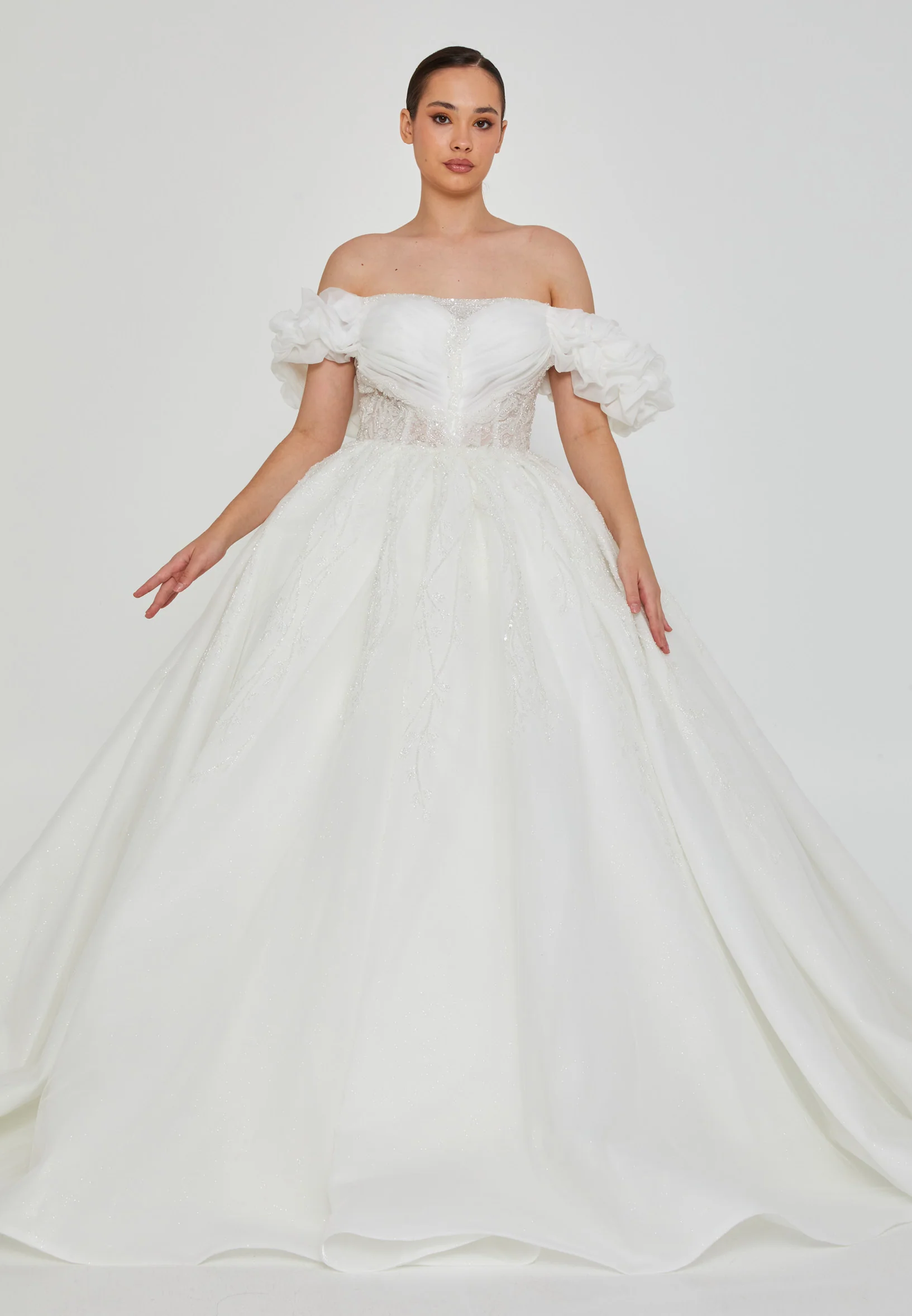 Off Shoulder Maxi Tulle Plus Size Wedding Dress blv360018