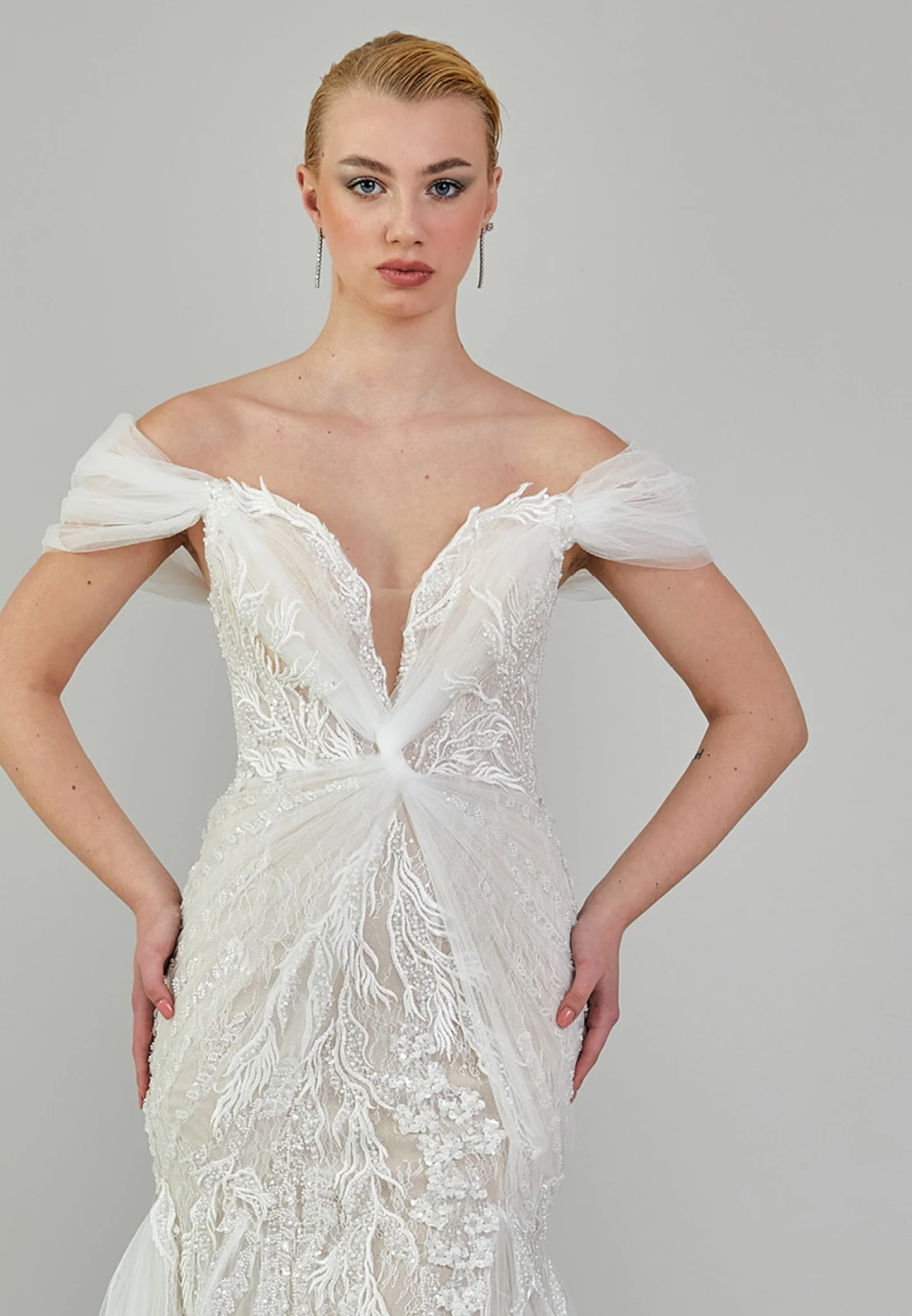 Off Shoulder Maxi Tulle Regular Wedding Dress ezs2024-26 - Image 7