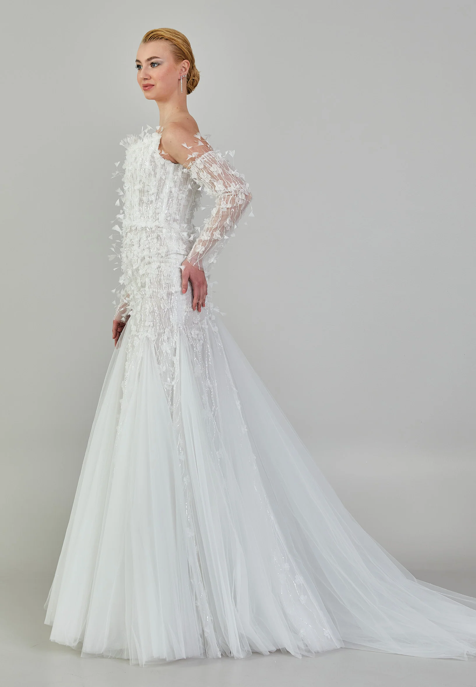 Off Shoulder Maxi Tulle Regular Wedding Dress ezs2024-30 - Image 4